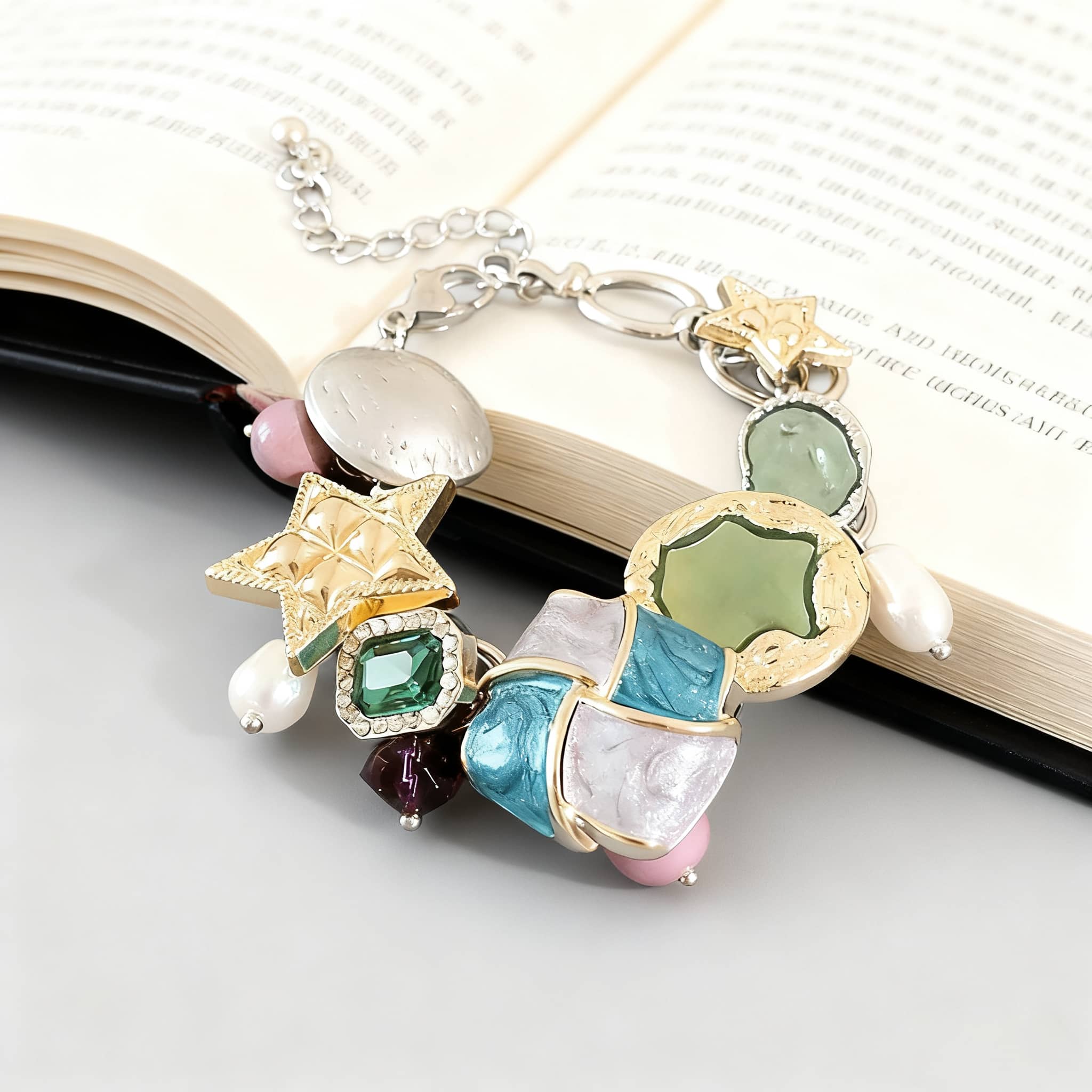 Colorful geometric color-block bracelet by 5 Senses featuring unique shapes and designs