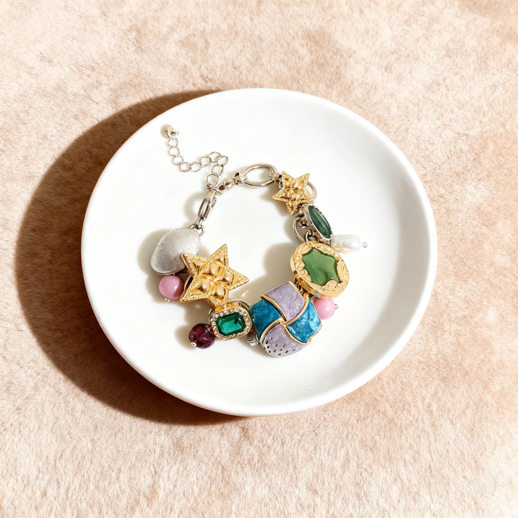 Colorful geometric color-block bracelet with mixed gemstones and star charms on a white plate