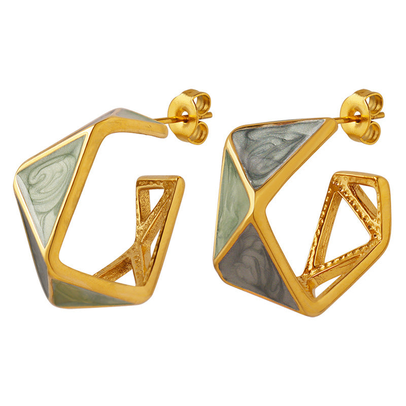 Calm geometric enamel earrings with gold-tone metal and green-gray enamel inlays
