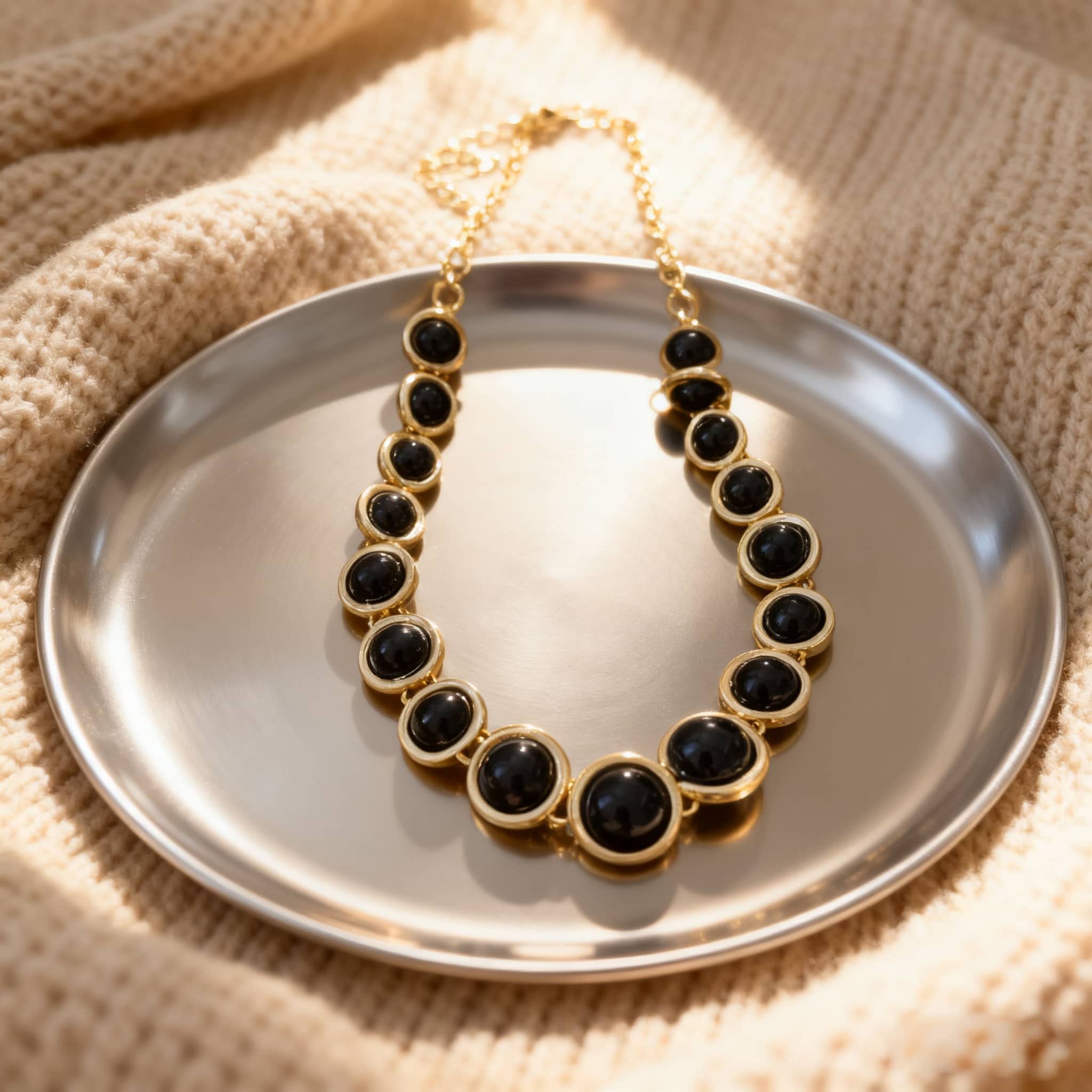 Angry geometric resin pendant necklace displayed on a metallic plate for elegant accessorizing