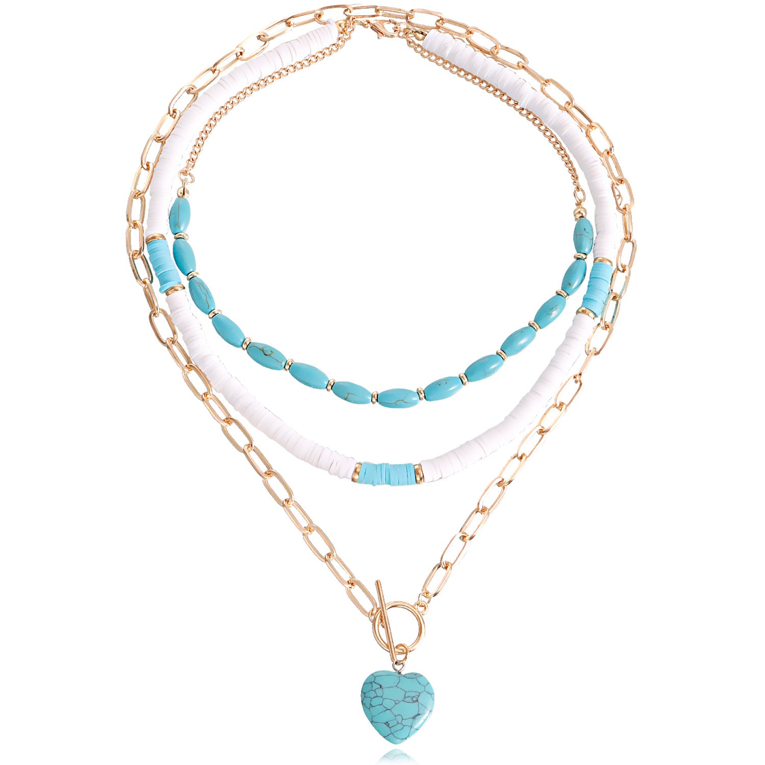 Layered bracelet with clay heart pendant jewelry in turquoise and gold chain design