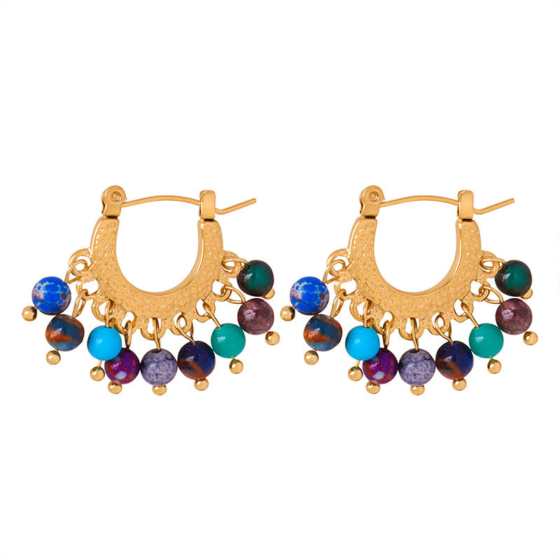 Calm healing crystal earrings for women with colorful gemstone beads and gold-tone hoops