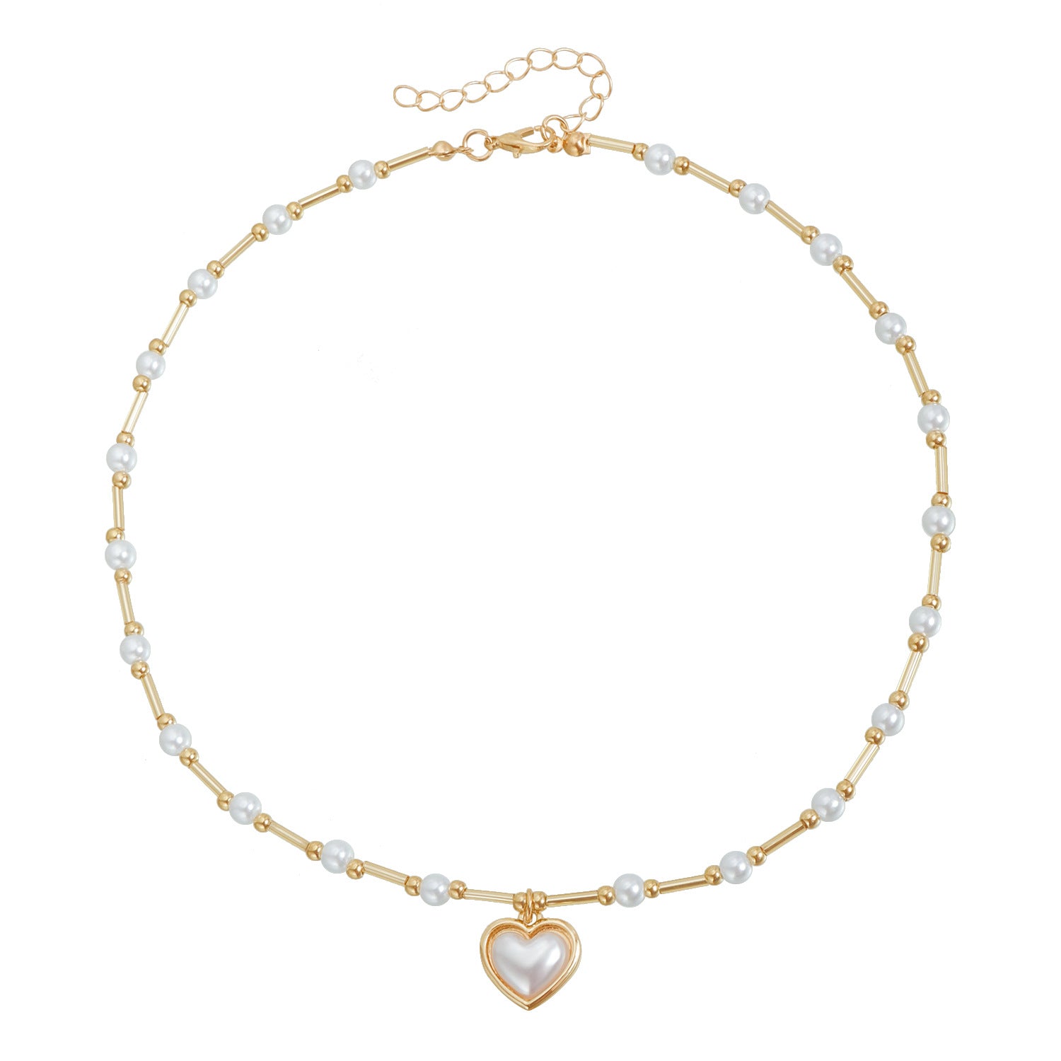 Gold chain heart pearl necklace with delicate white pearls and a heart-shaped pearl pendant