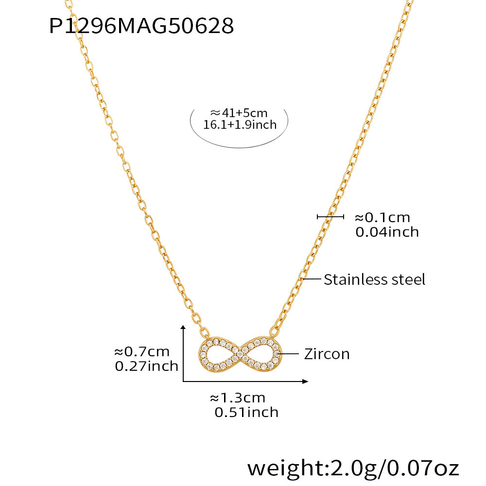 Gold infinity zircon necklace with stainless steel chain and detailed measurements