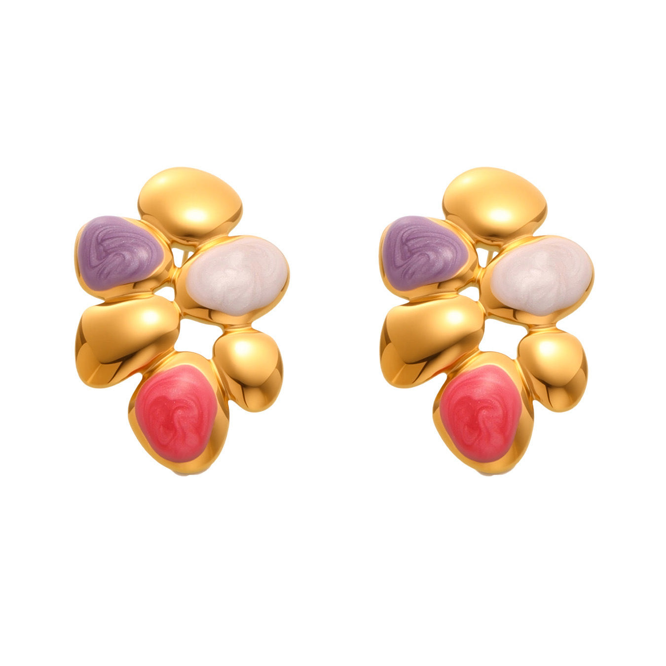 Joy irregular enamel earrings with purple, white, and red enamel stones set in gold tone