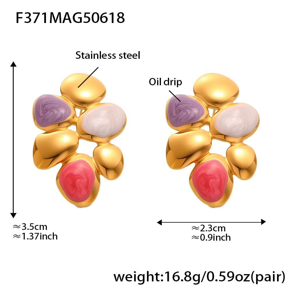 Colorful irregular enamel earrings with gold stainless steel and oil drip finish measuring 3.5 by 2.3 cm