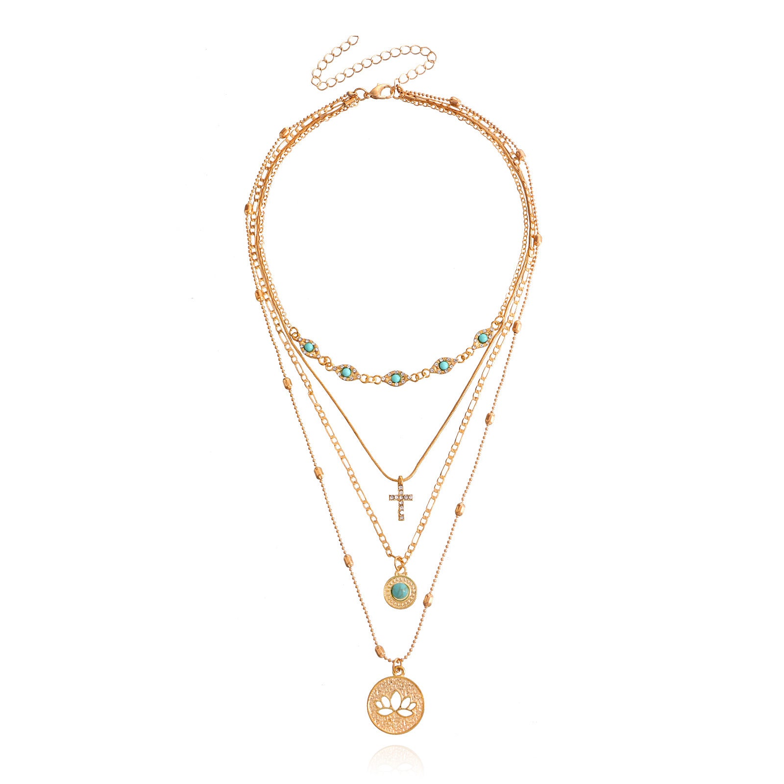 Gold multi-layered spiritual necklace with turquoise beads, cross, and lotus pendant