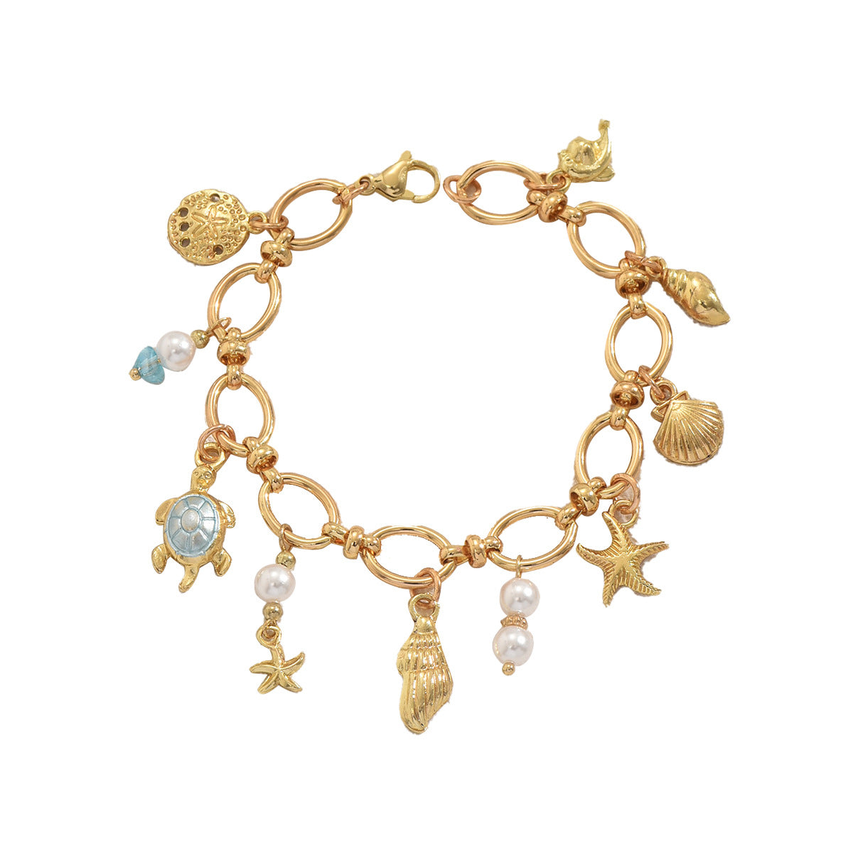 Calm gold sea charm bracelet with turtle starfish shell and pearl charms