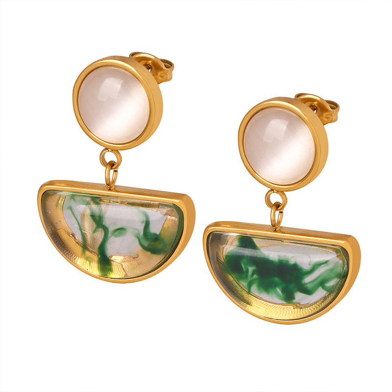 Gold drop earrings with white round studs and green marbled half-circle pendants statement earrings for confidence