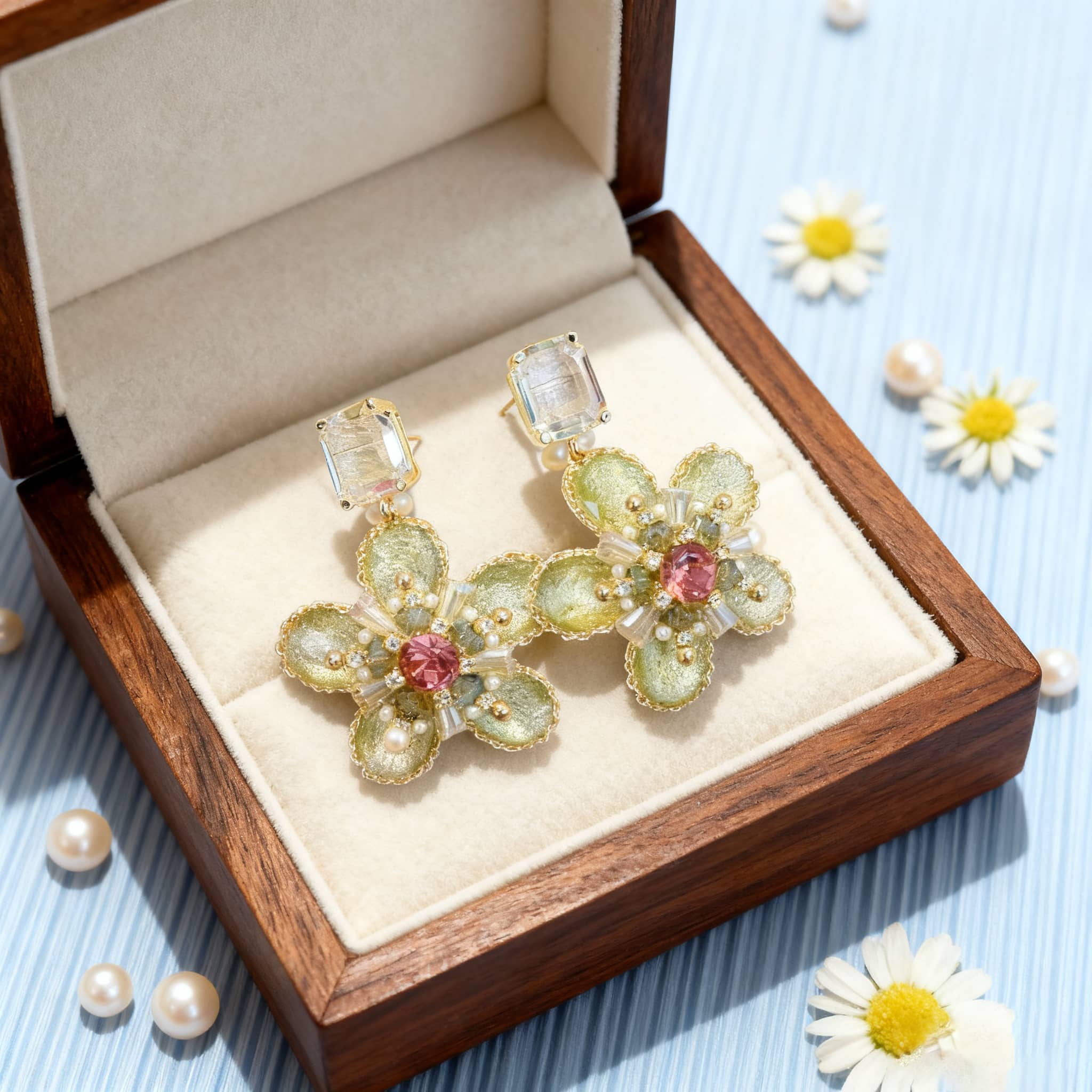 Elegant green crystal flower stud earrings displayed in a wooden jewelry box with floral decor