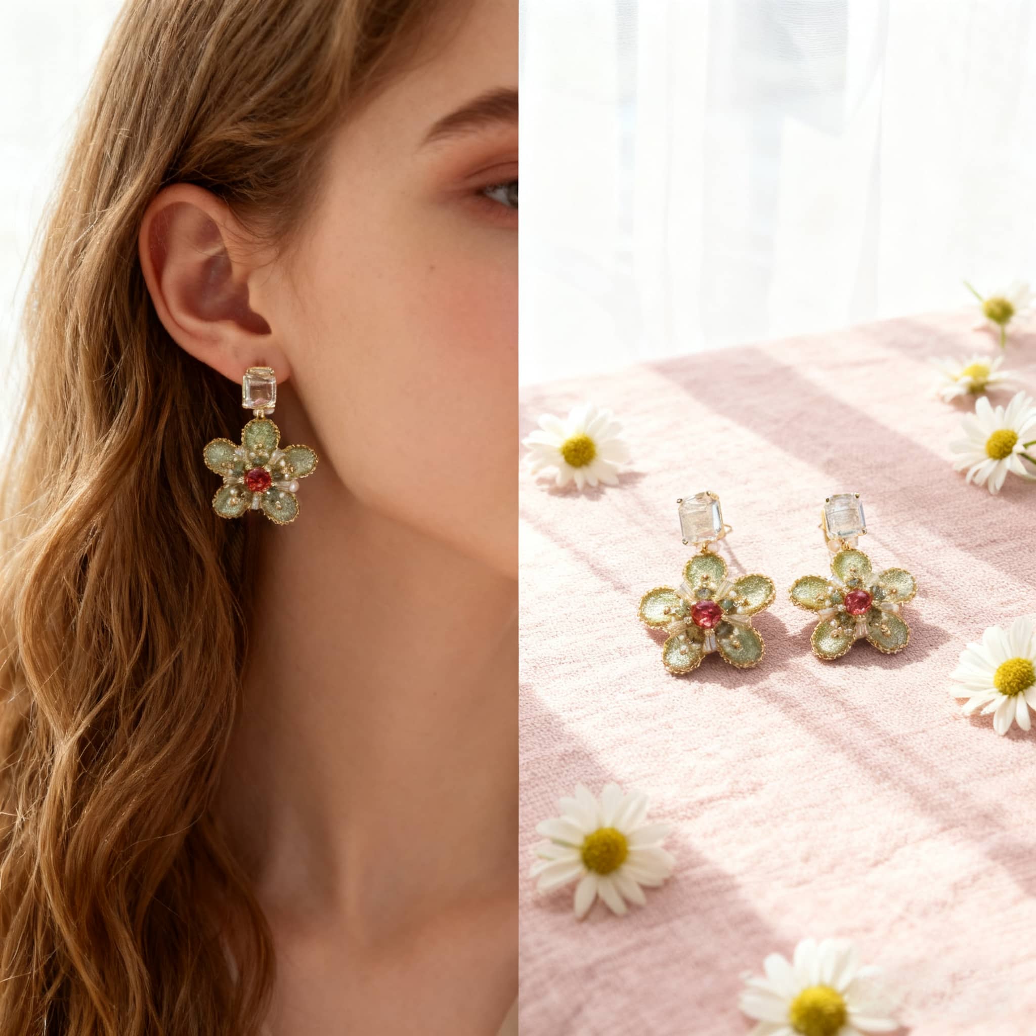 Stylish green crystal flower stud earrings with a vibrant design, perfect for enhancing any outfit
