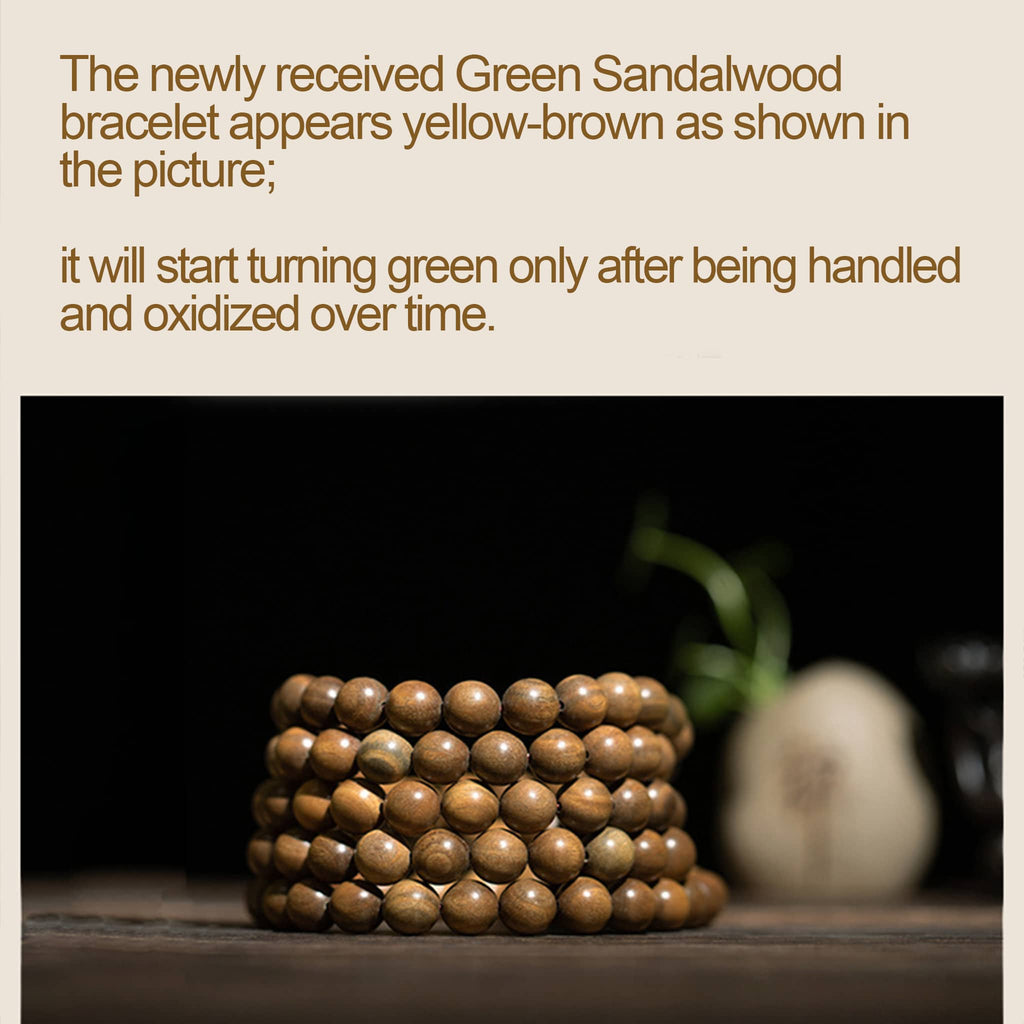 Green sandalwood mala bracelet showcasing its yellow-brown color before oxidation and handling