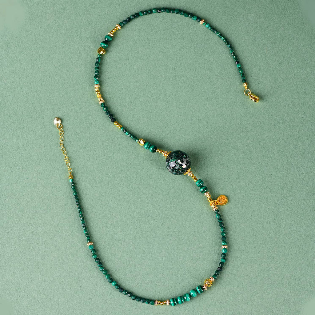 Green Urushi Mindfulness Necklace with Gold Accents and Unique Beads for Relaxation