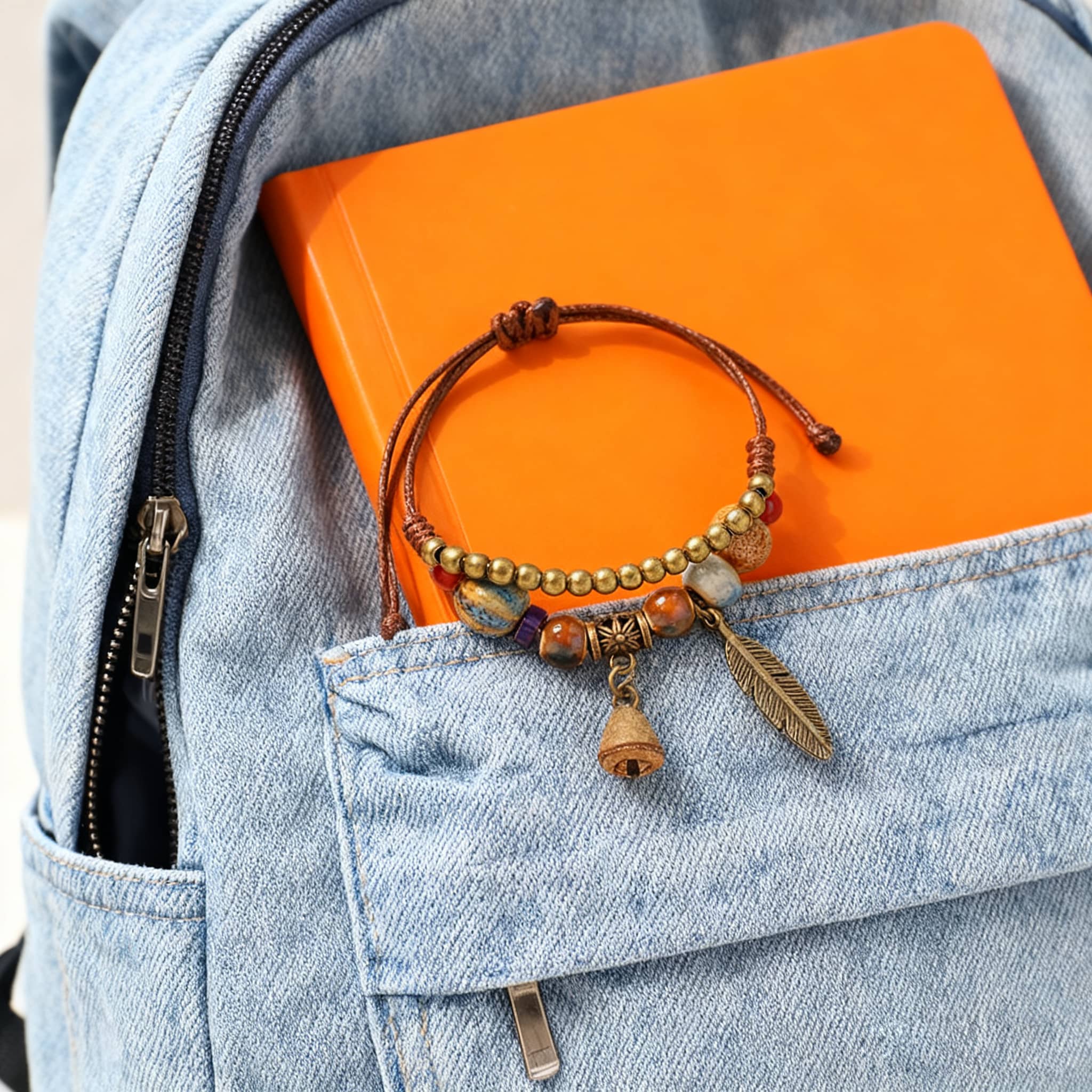 Handmade bell and bead bracelet displayed on a backpack pocket with an orange notebook