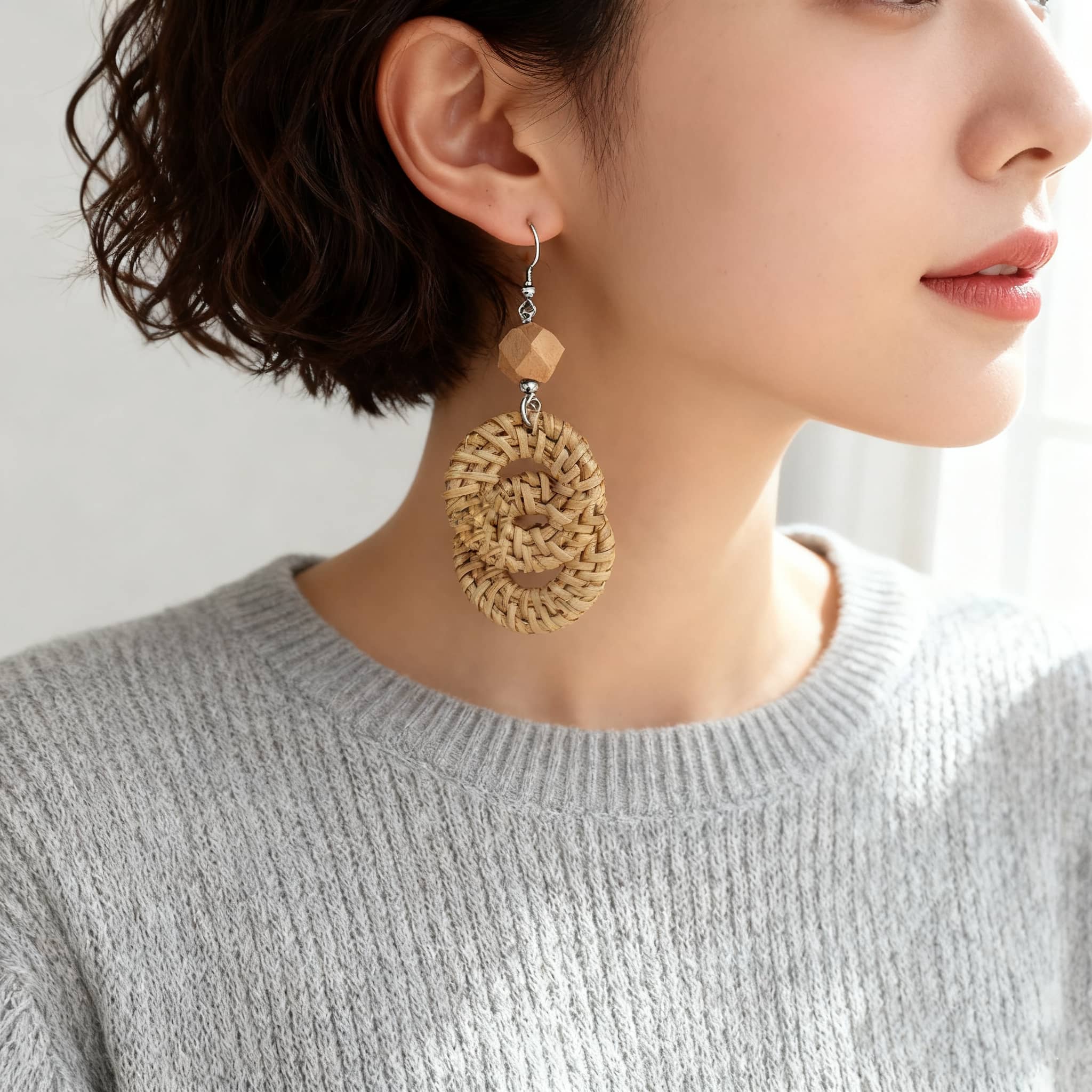 5 Senses handmade calming earrings featuring woven design and wooden accents for a serene style