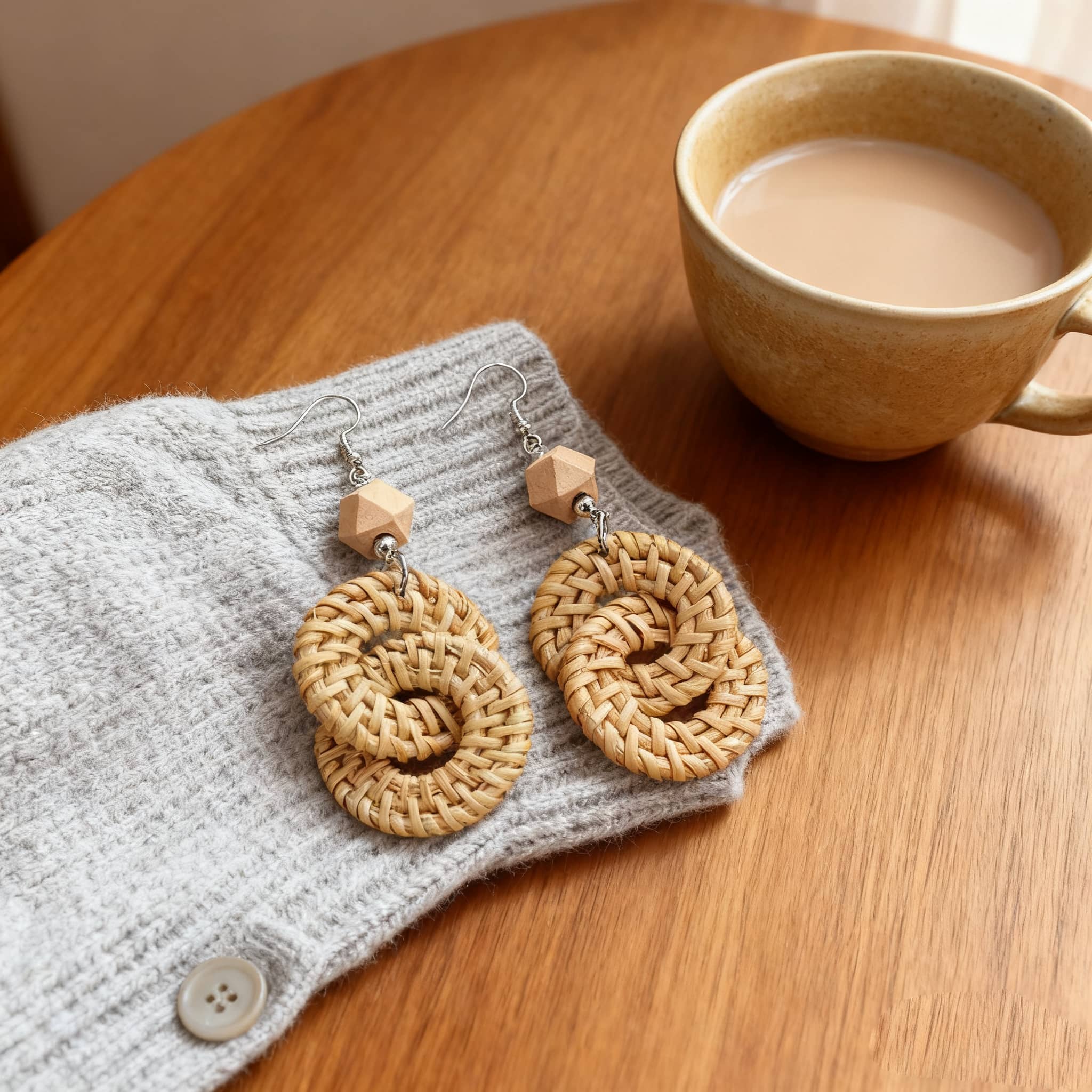 Handmade calming earrings featuring woven design and wooden accents for a stylish look