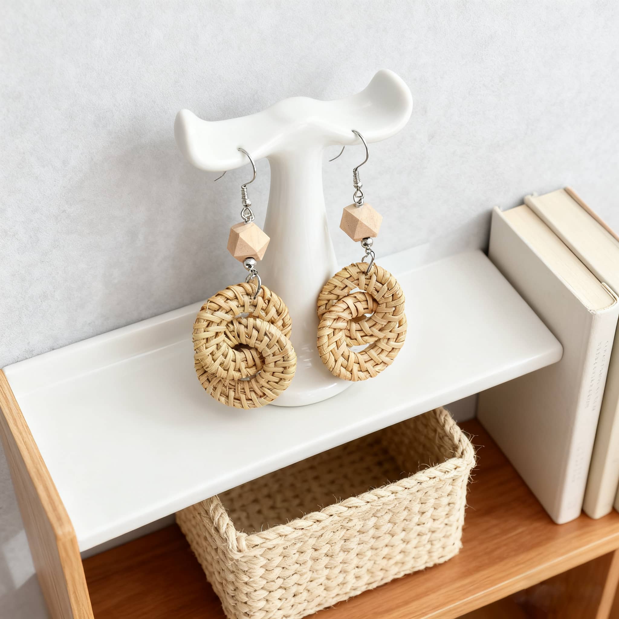 Handmade calming earrings featuring woven spiral design with wooden accents by 5 Senses