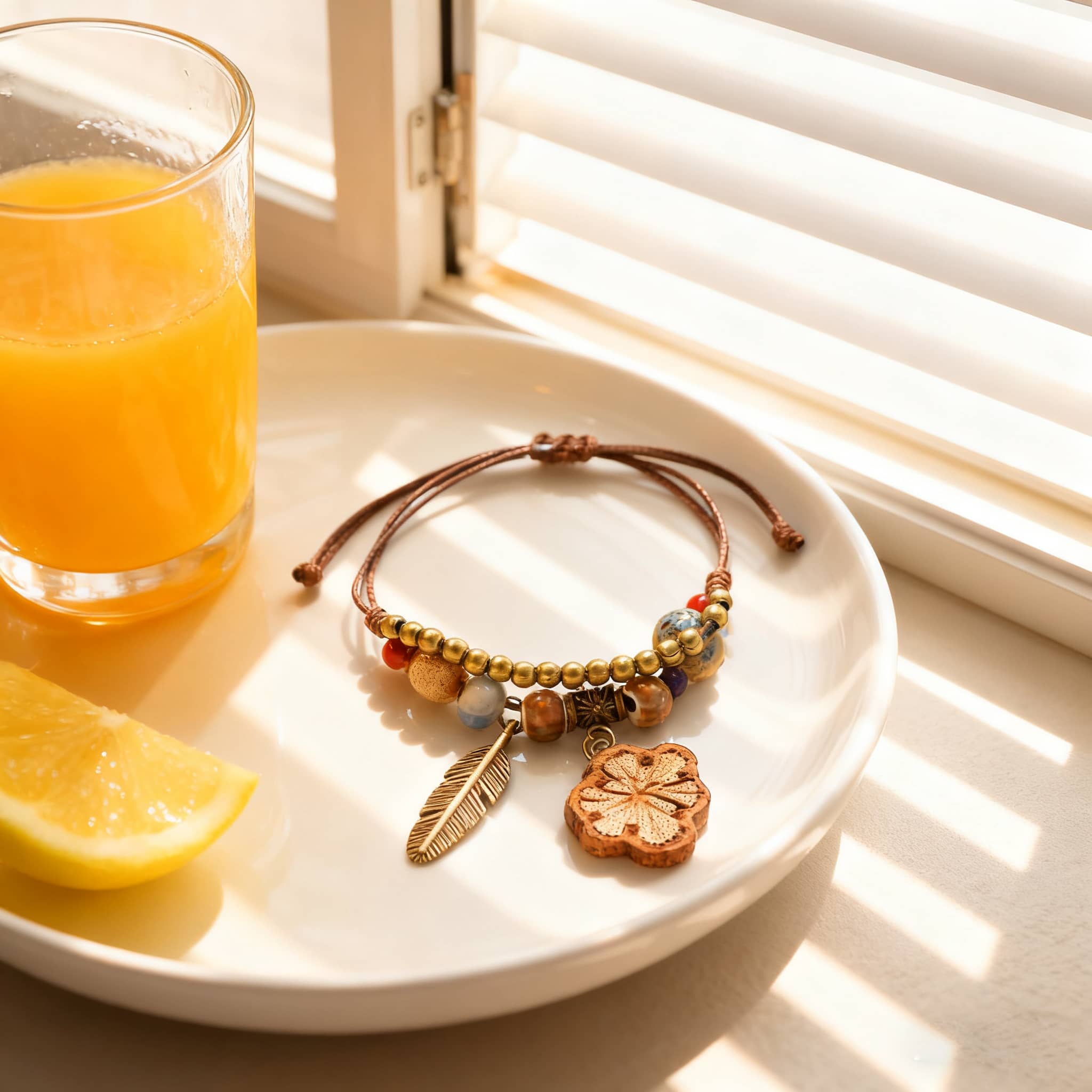Handmade ceramic botanical bracelet with colorful beads and a leaf charm on a plate with orange juice