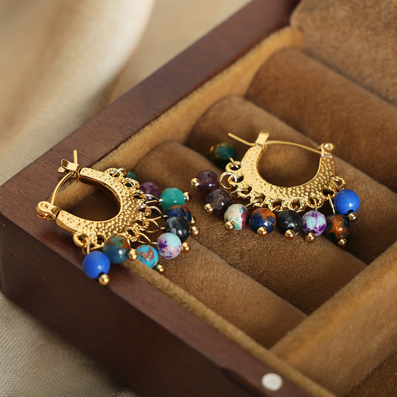 Calm healing crystal earrings for women with multicolor beads and gold finish in jewelry box