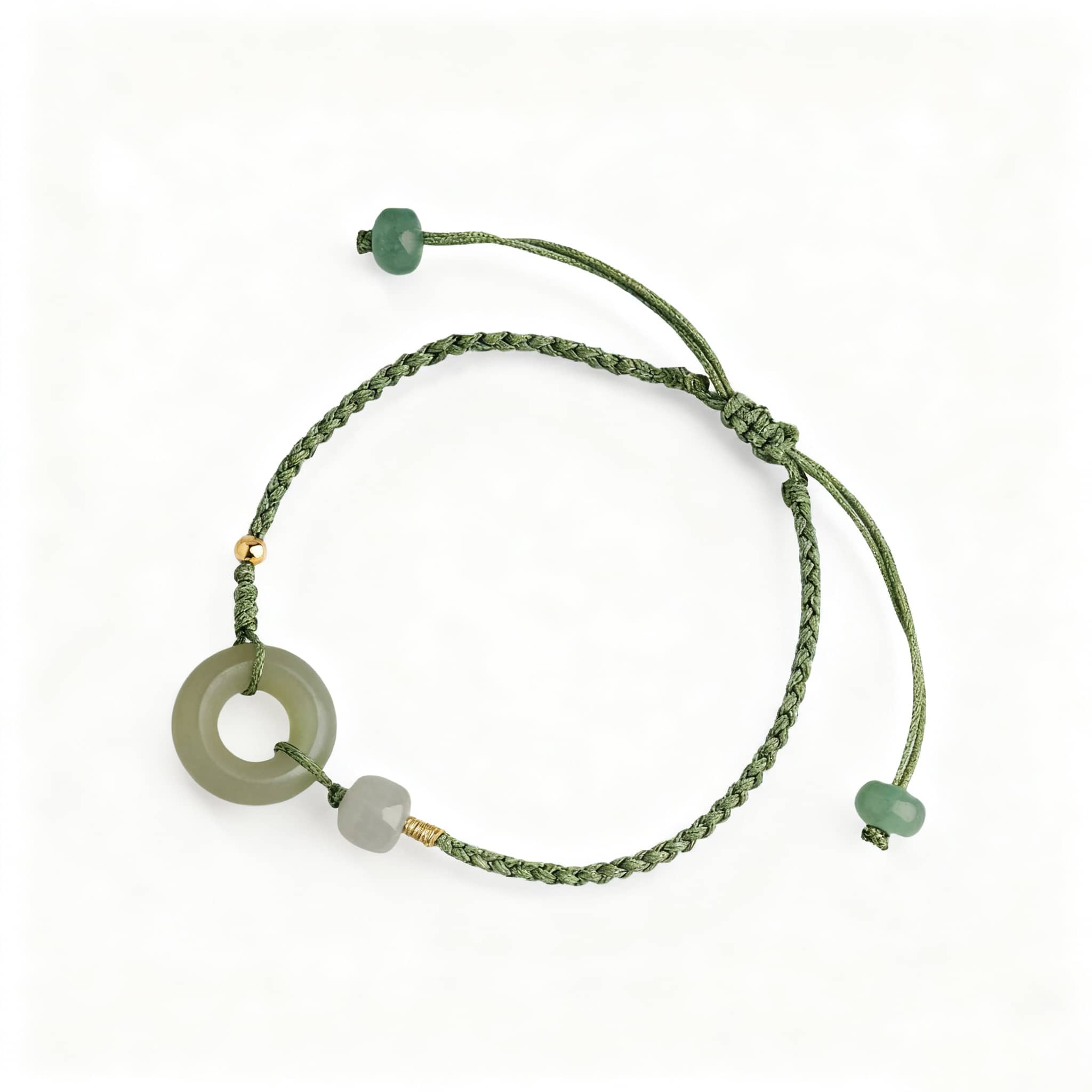 Hetian jade peace buckle bracelet with adjustable green cord and decorative jade beads
