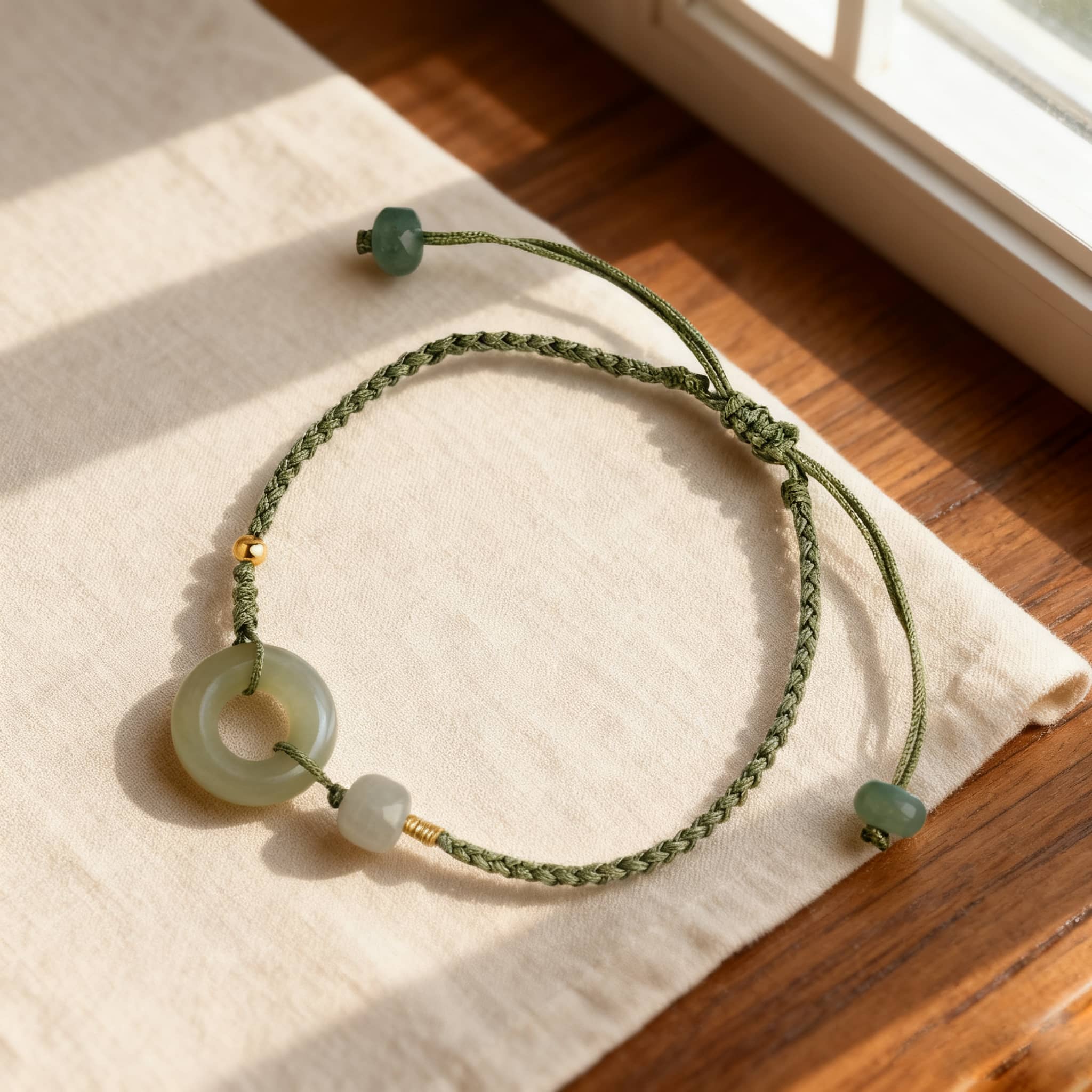 Hetian jade peace buckle bracelet with green cord and decorative beads for a calming look