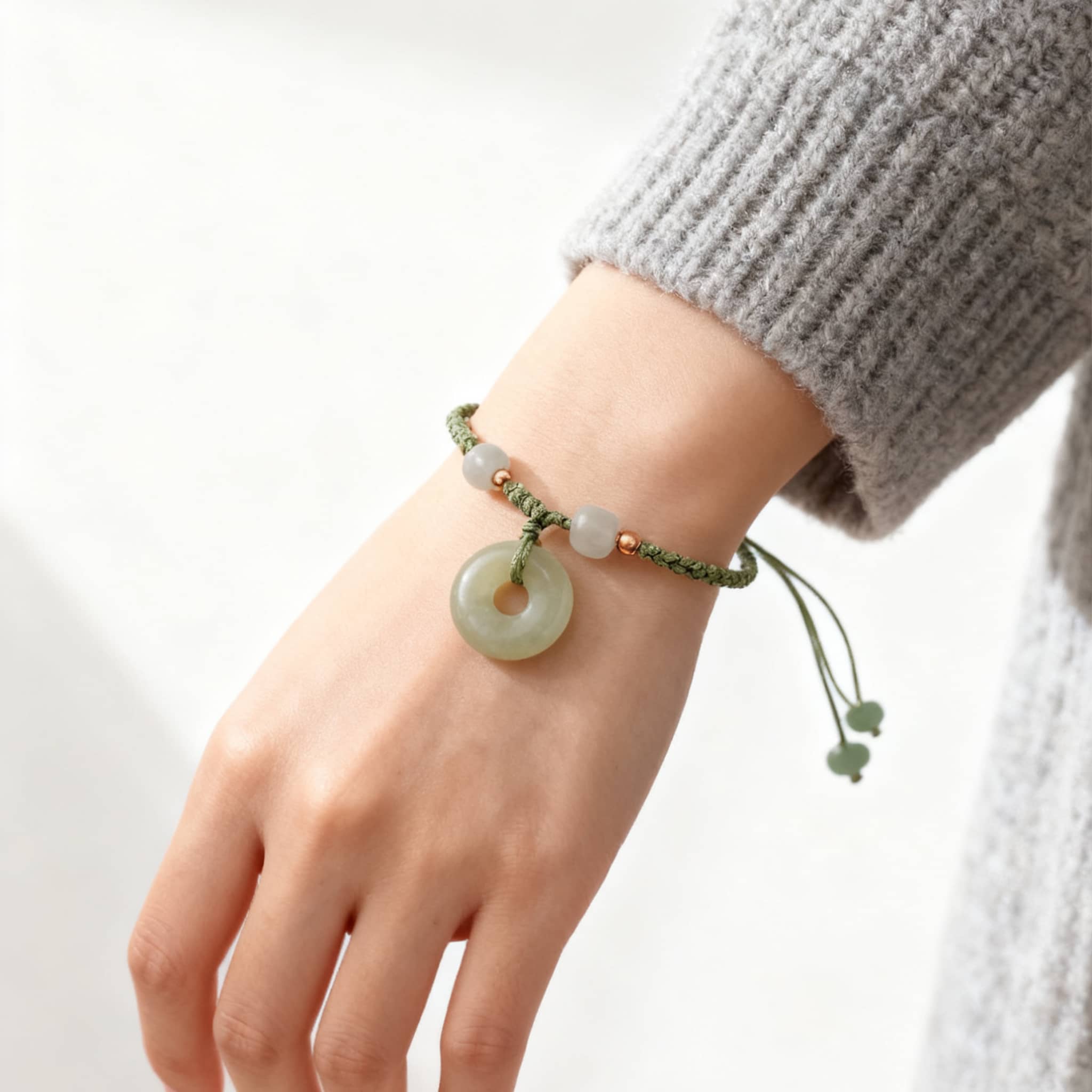 Hetian jade peace buckle bracelet on a wrist, featuring green cord and calming design