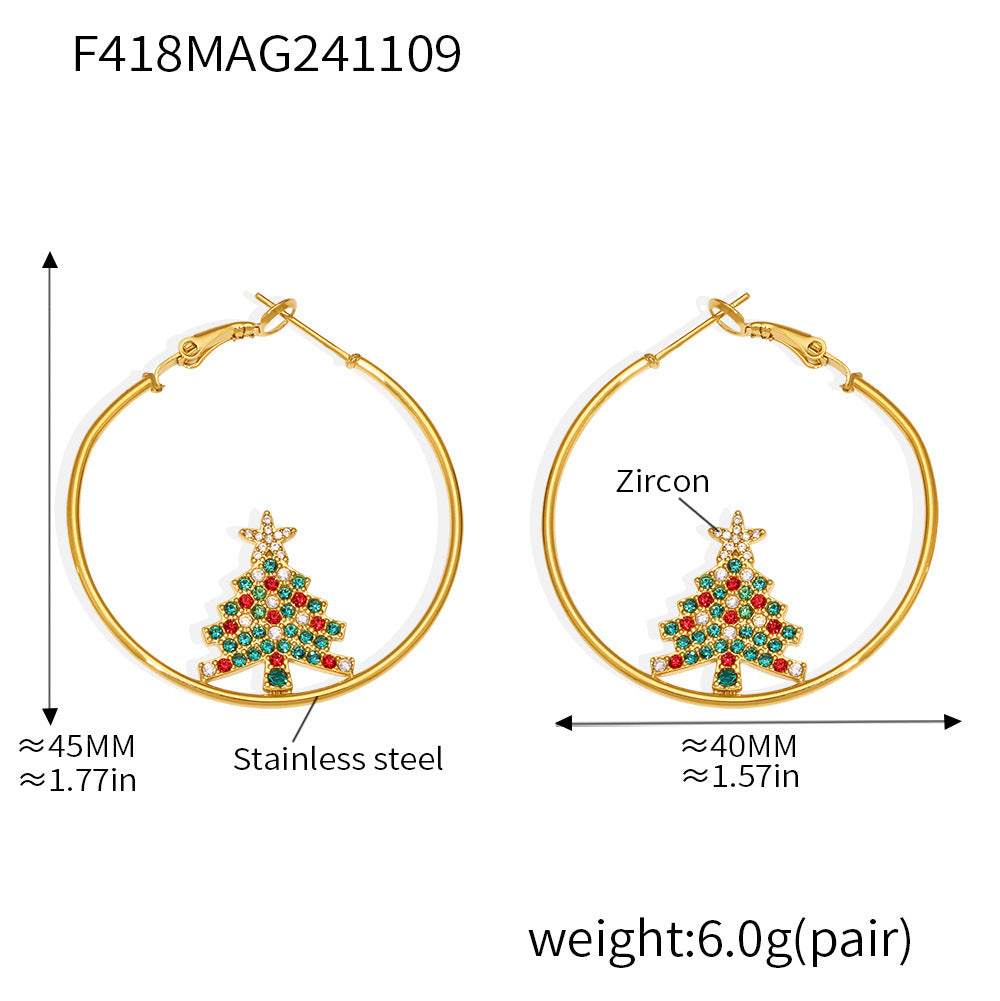 Holiday charm earrings for women gold hoop with Christmas tree charm decorated with red green zircons
