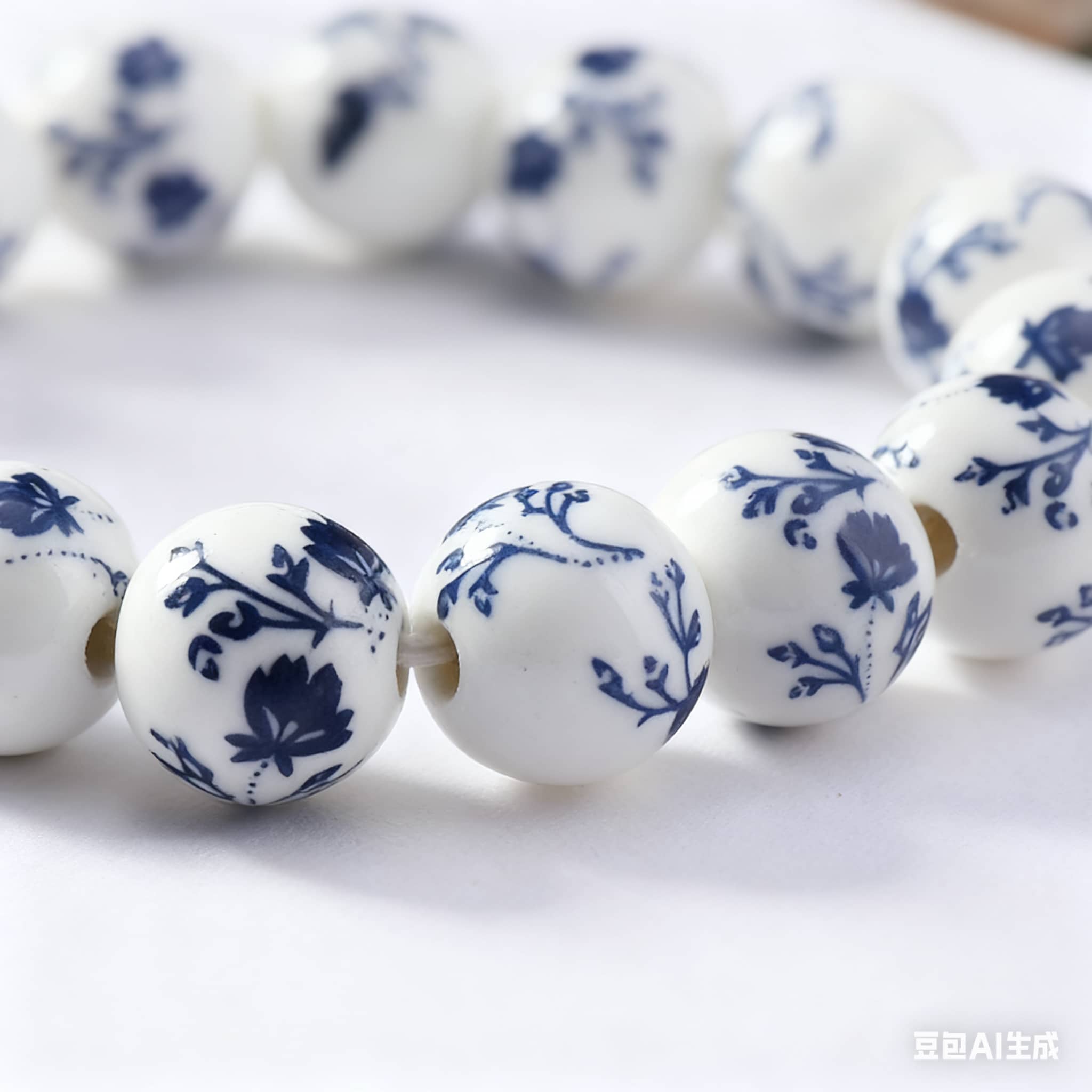 Elegant ink splash porcelain bracelet featuring intricate floral designs in blue and white hues