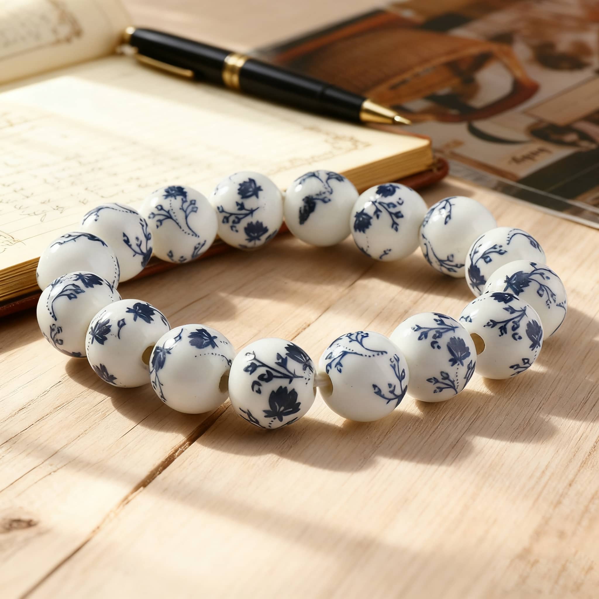 Insecure ink splash porcelain bracelet displayed on a stylish brown leather dish with decorative items