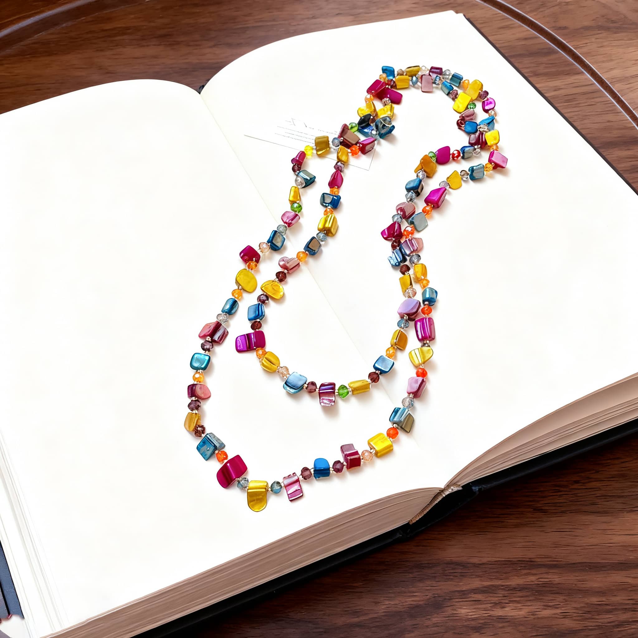 Colorful irregular crystal bead necklace displayed on an open book for a vibrant look