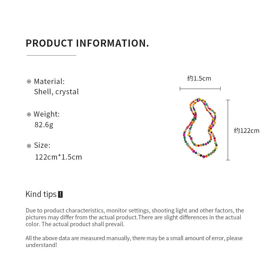 Joy necklace featuring an irregular crystal bead necklace made from shell and crystal, 122cm long