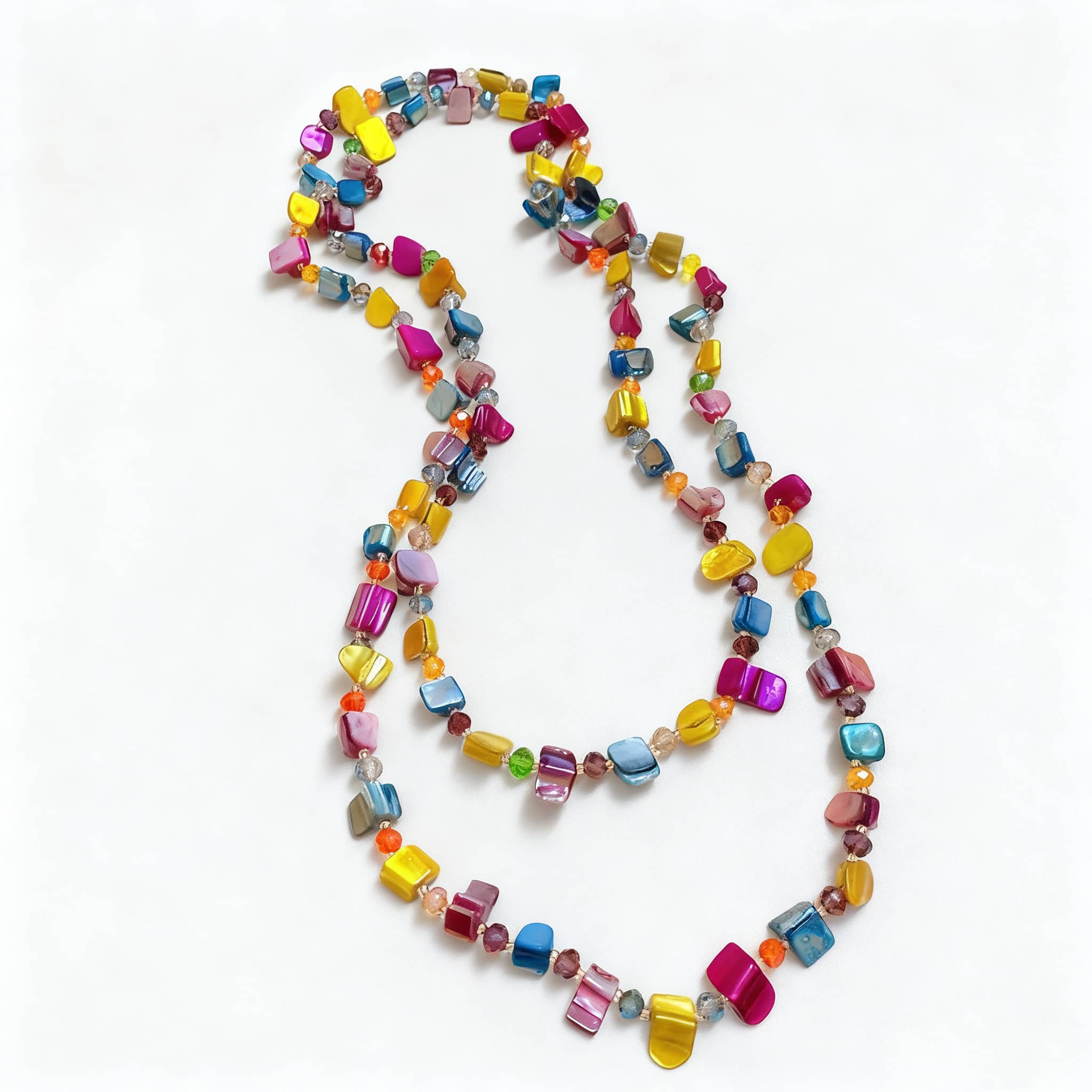 Joy necklace featuring vibrant irregular crystal bead necklace in assorted colors and unique shapes