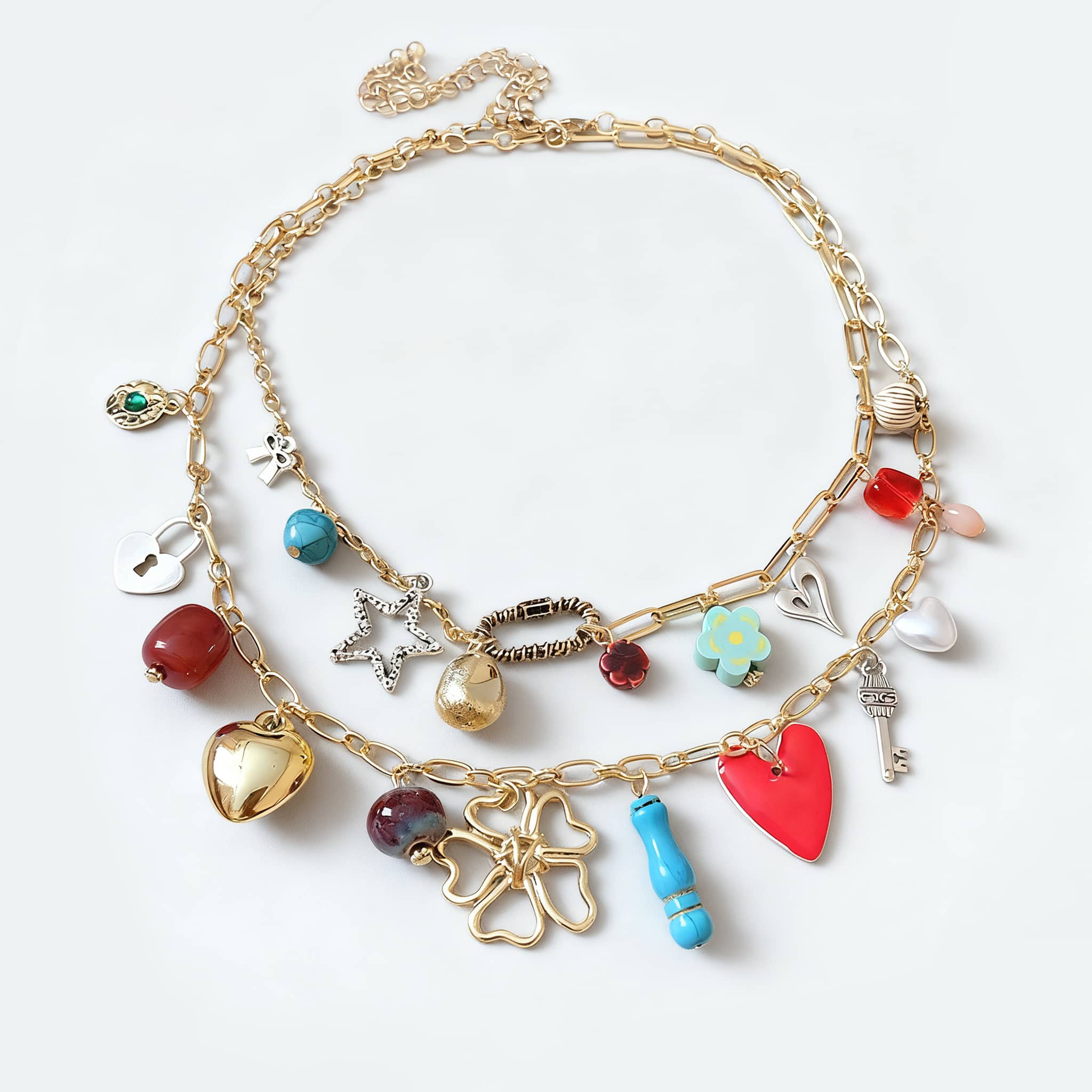 Joy charm locket layered necklace featuring colorful charms and a heart pendant for stylish layering
