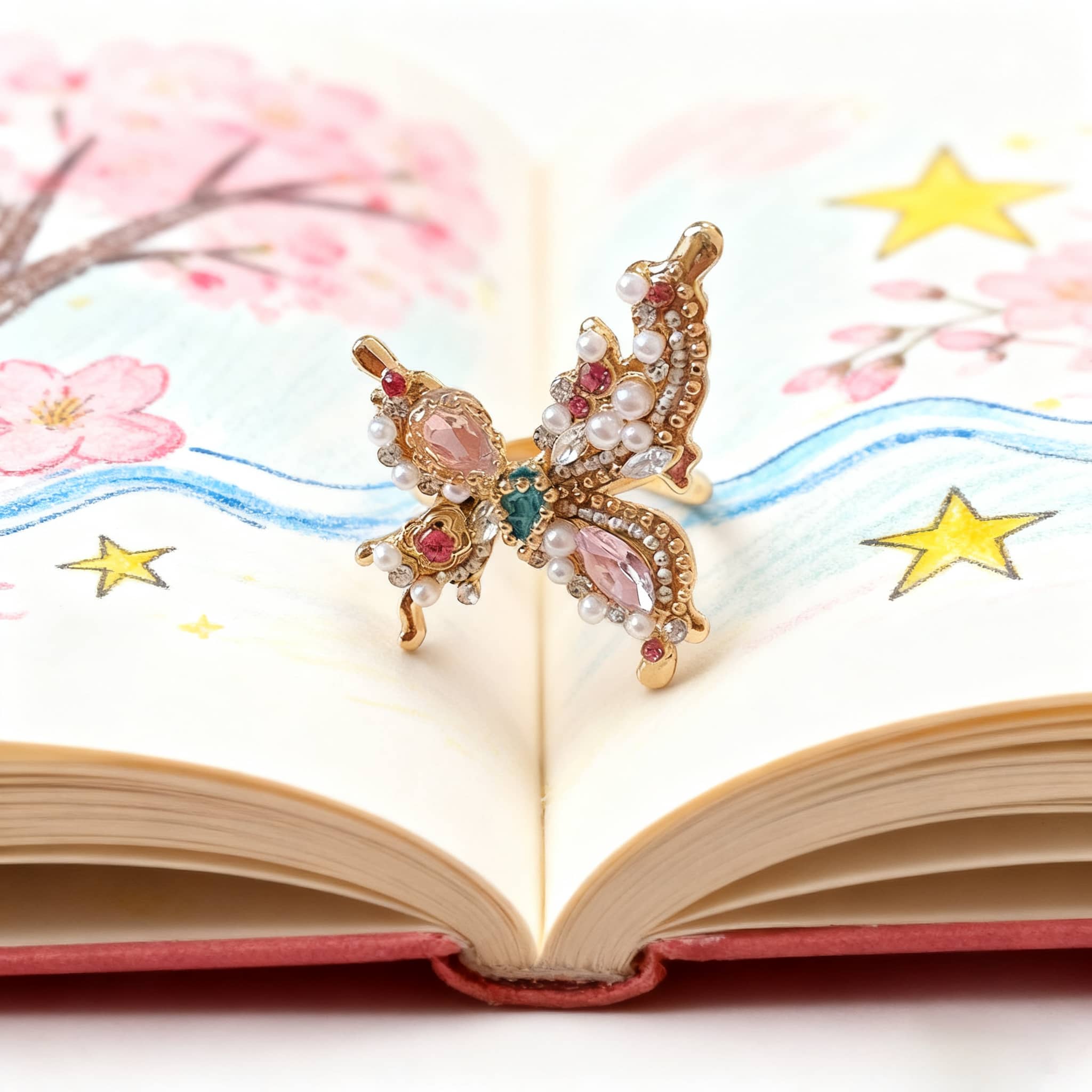 Joyful butterfly statement ring from 5 Senses with colorful gems and intricate design on a book
