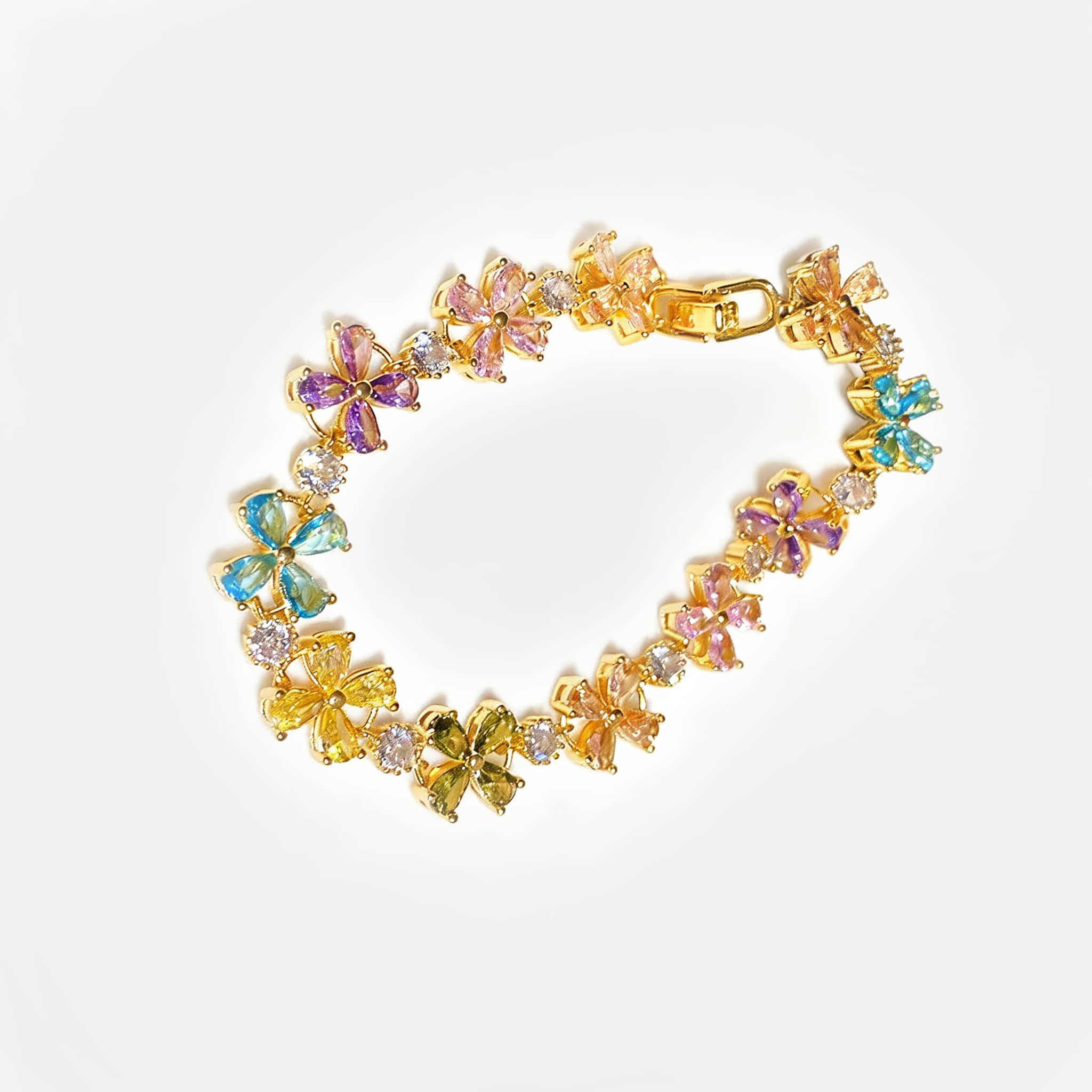 Joyful floral zirconia snap bracelet featuring colorful flowers and a gold clasp for a vibrant touch