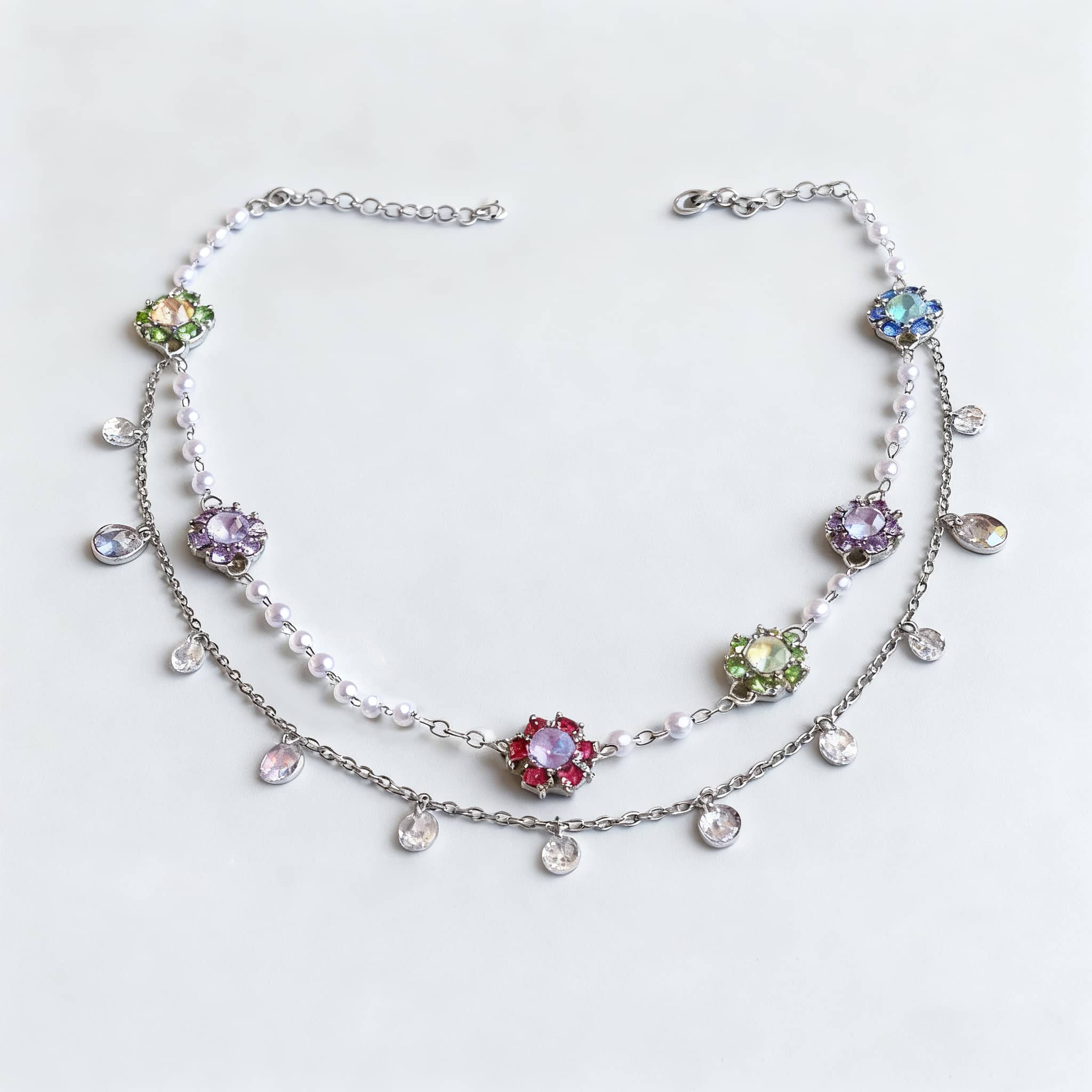 Joyful gemstone necklace for women with colorful gems and delicate silver chains