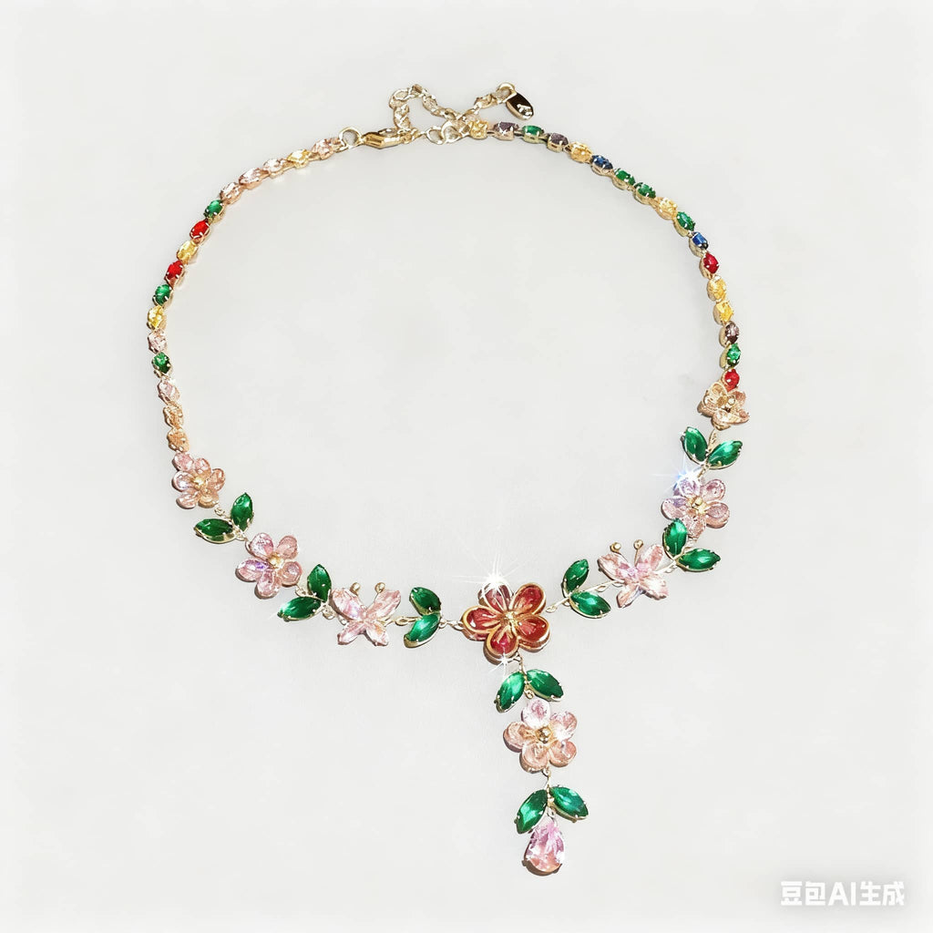Joyful zircon flower necklace featuring colorful floral design and green leaves for a vibrant look