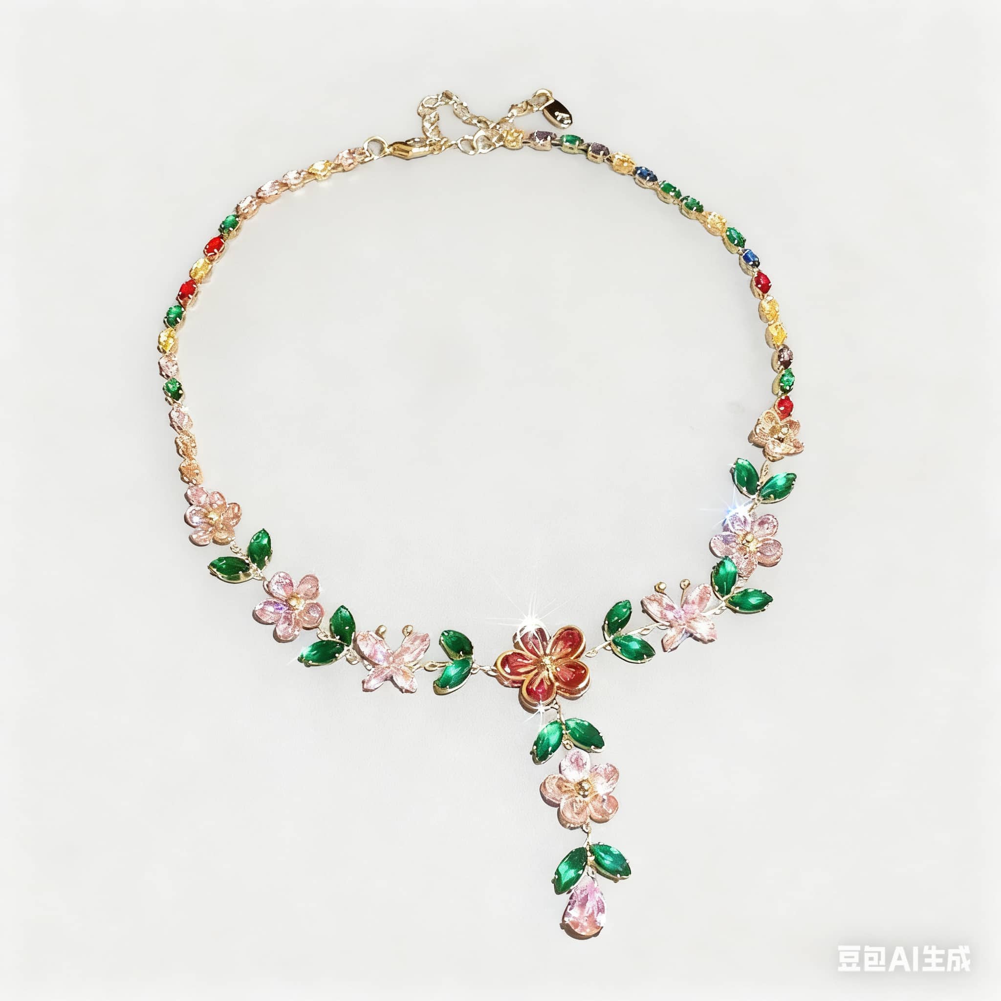 Joyful zircon flower necklace featuring colorful floral design and green leaves for a vibrant look