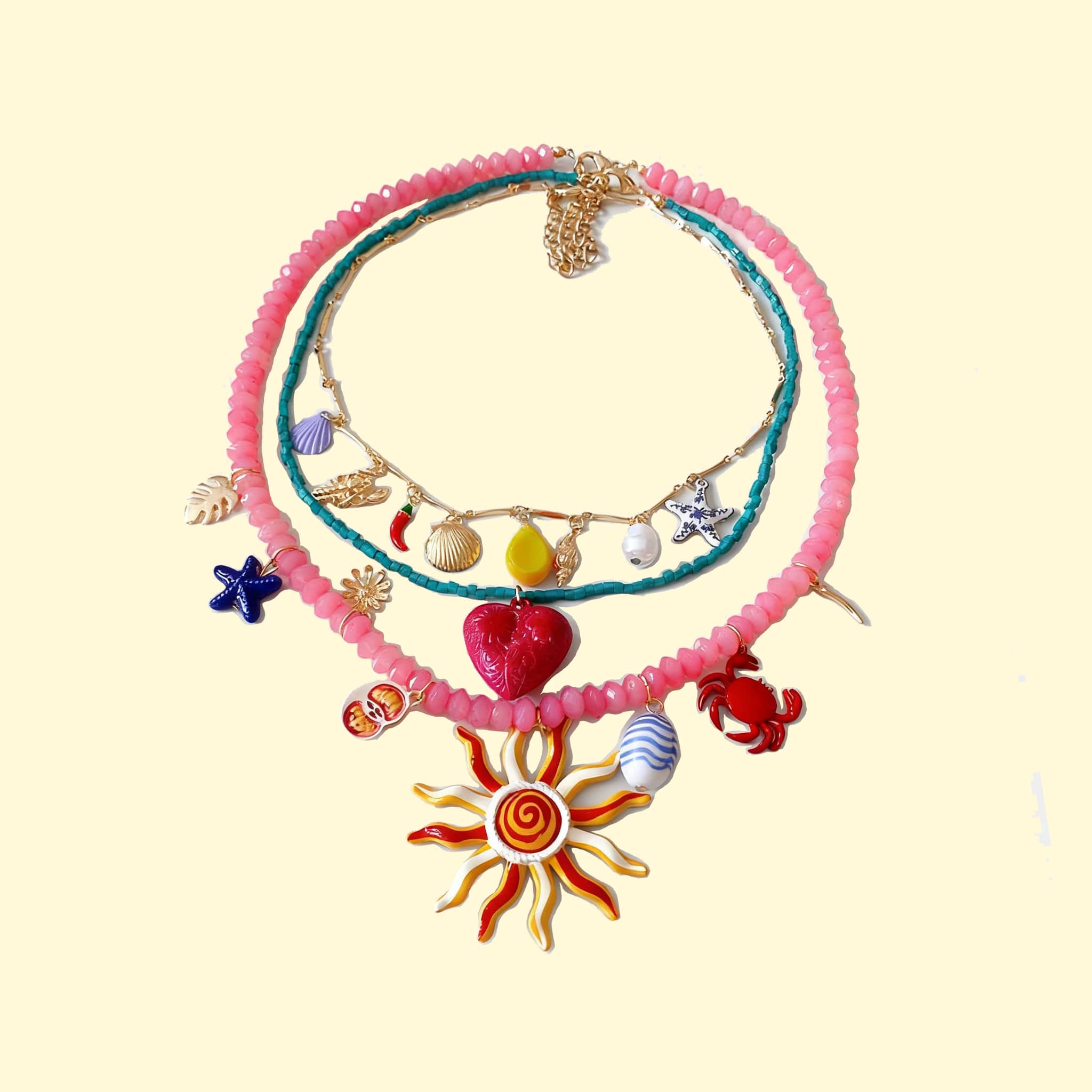 Joy layered resin glass pendant necklace with colorful charms and vibrant beads for a cheerful look