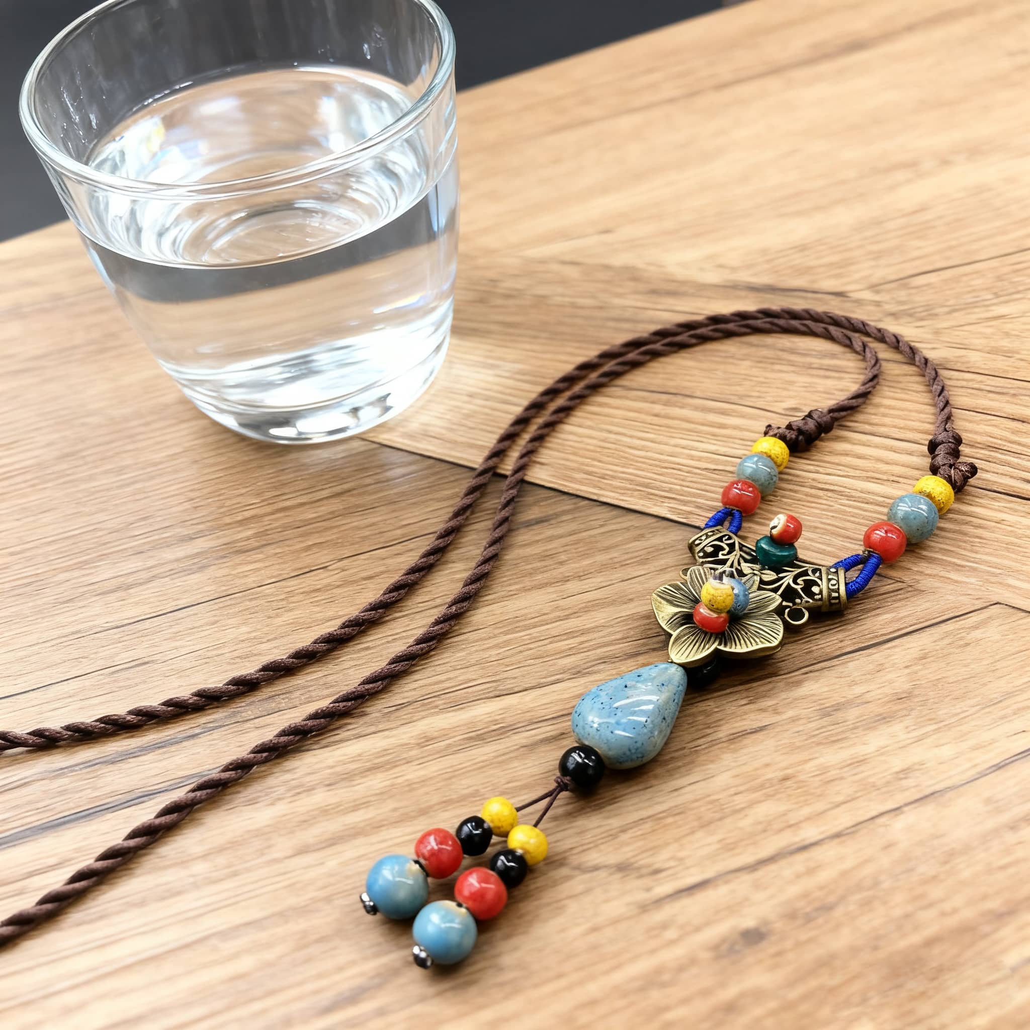 Linen ceramic vintage metal necklace with colorful beads and unique pendant design