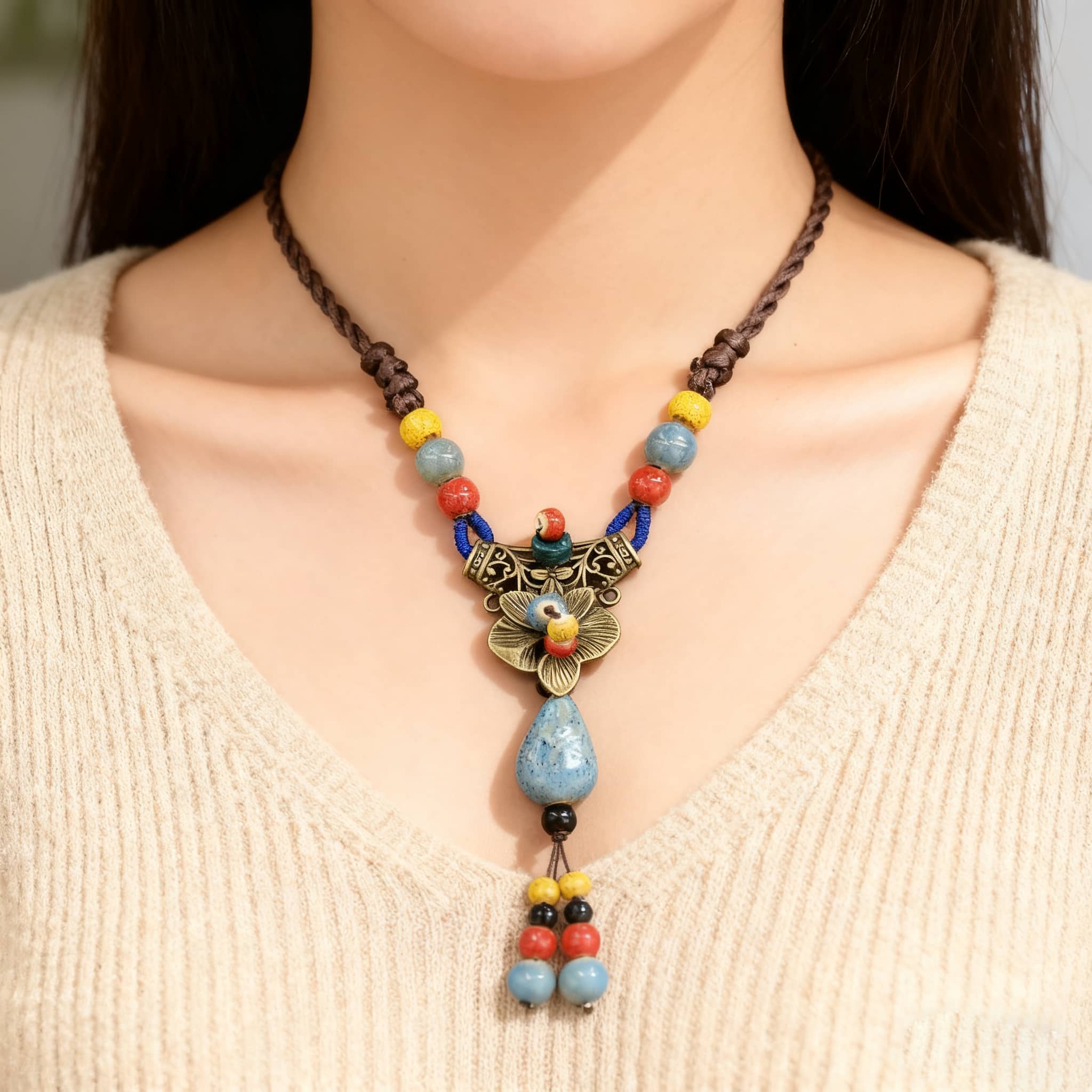 Vintage linen ceramic vintage metal necklace with colorful beads and unique pendant for stylish outfits