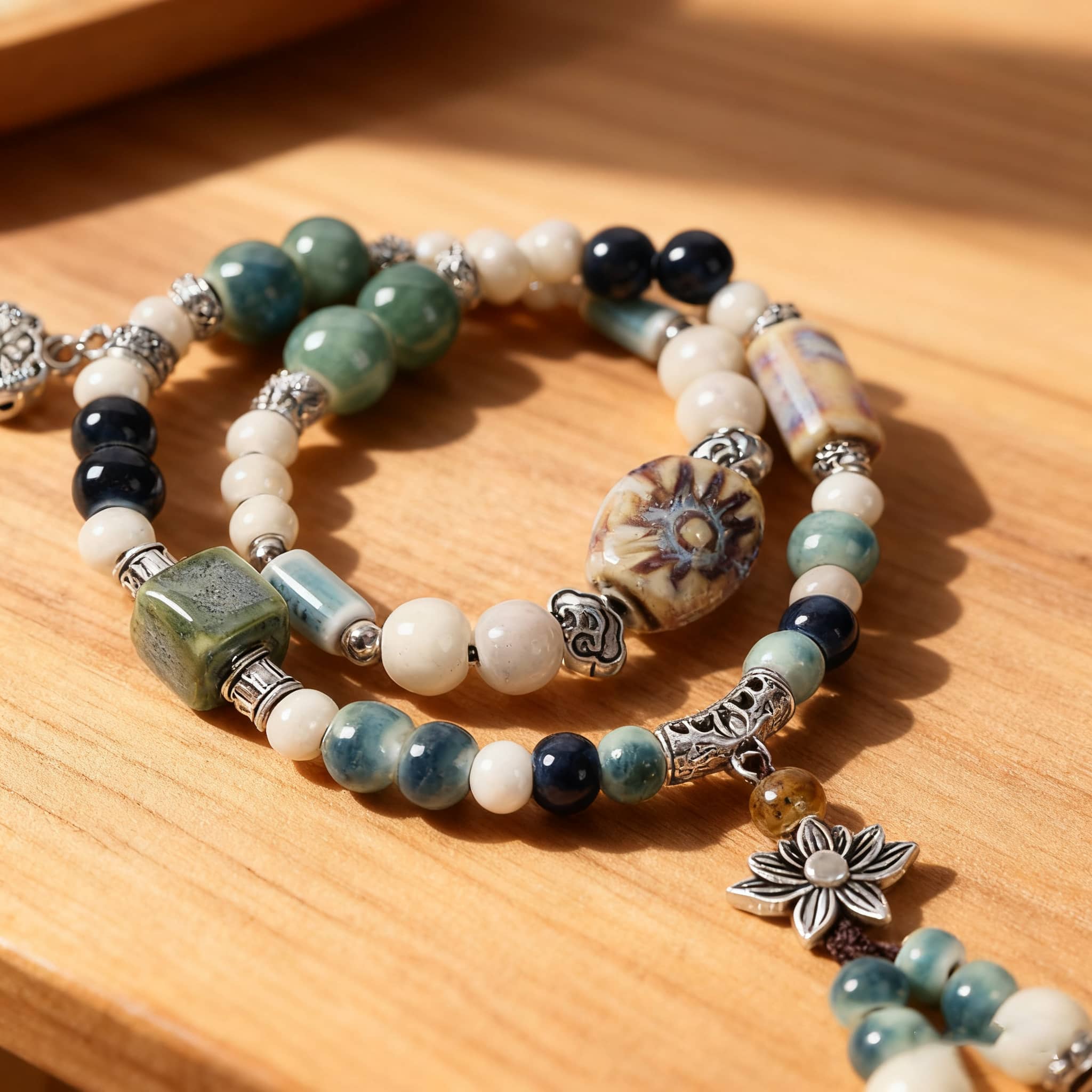 Lotus ceramic bead bracelet featuring a mix of colorful beads and metallic accents