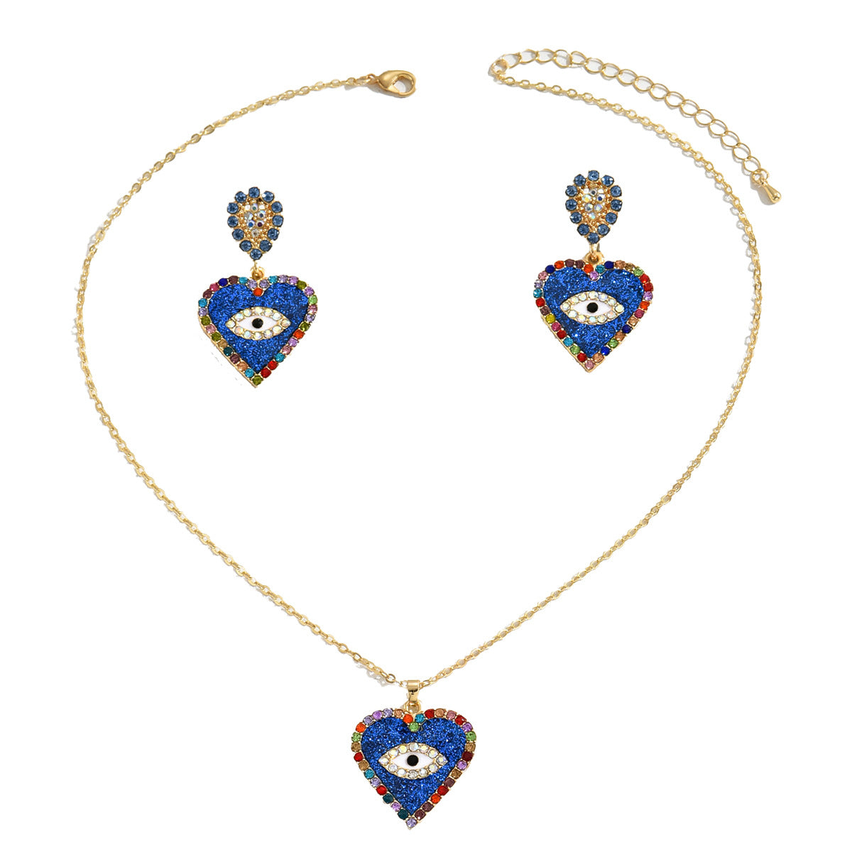 Gold chain necklace and matching earrings with heart pendants featuring blue evil eye jewelry set with multicolor crystals