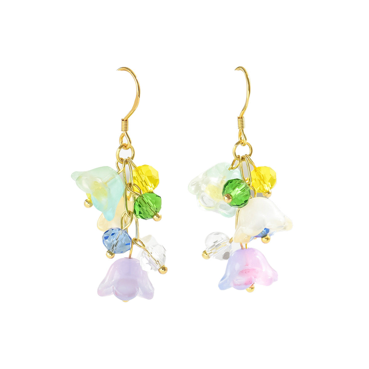 colorful floral stud earrings style dangle with gold hooks and pastel glass flower beads