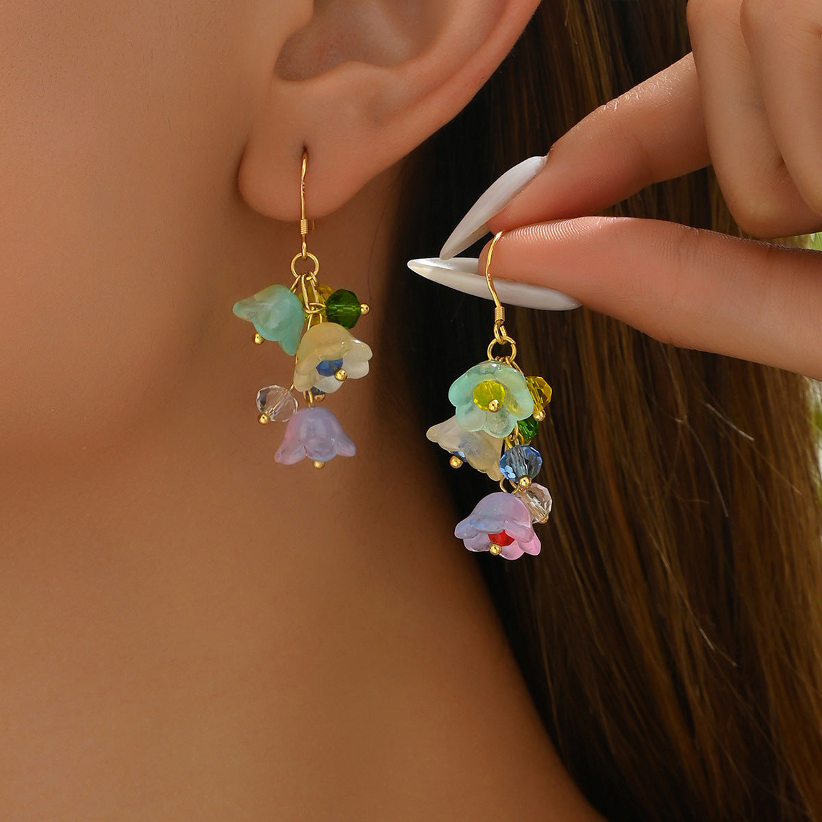 colorful floral stud earrings styled as dangle gold hook earrings with multicolor glass flower charms