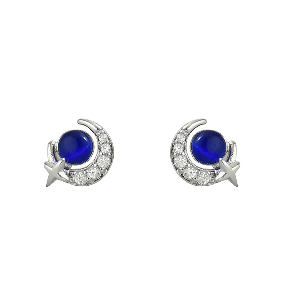 Pair of silver crescent moon star stud earrings with deep blue cabochon center and pave crystals