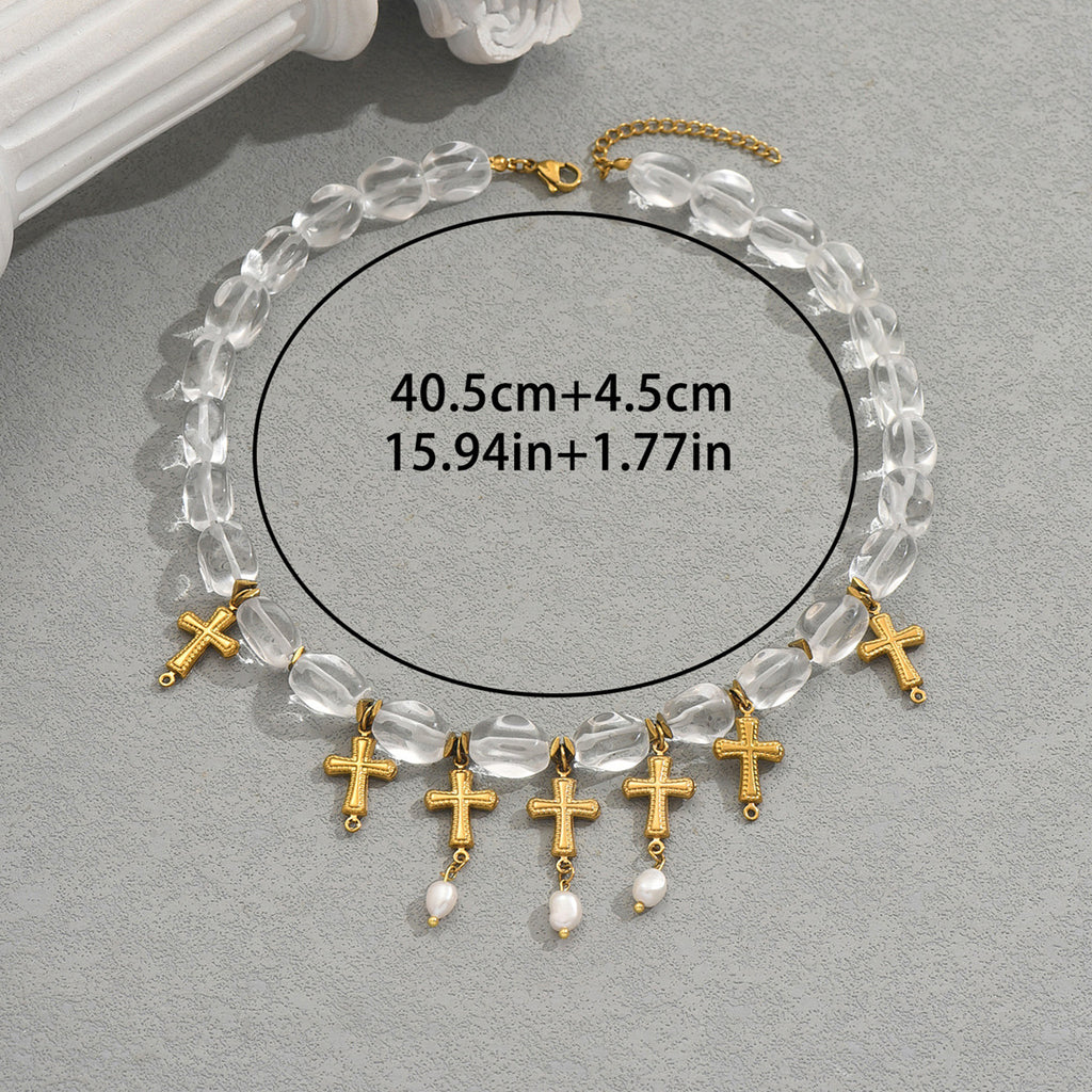gold cross pearl necklace on clear beaded chain with multiple gold crosses and dangling pearls approx 40 cm adjustable