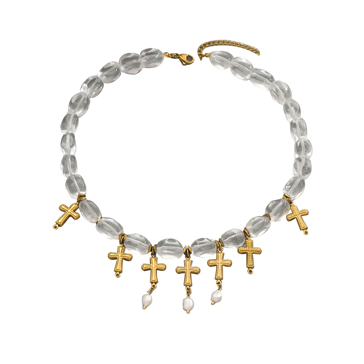 Clear crystal beaded choker featuring gold cross pearl necklace charms with dangling freshwater pearl drops