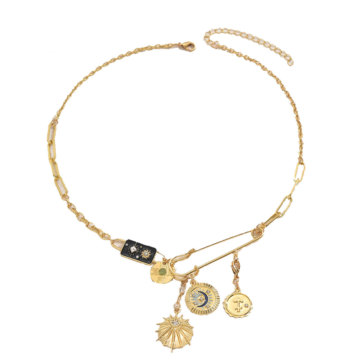 Gold charm chain with safety pin clasp and dangling sun moon coin charms and black enamel tag gold sun moon pendant necklace