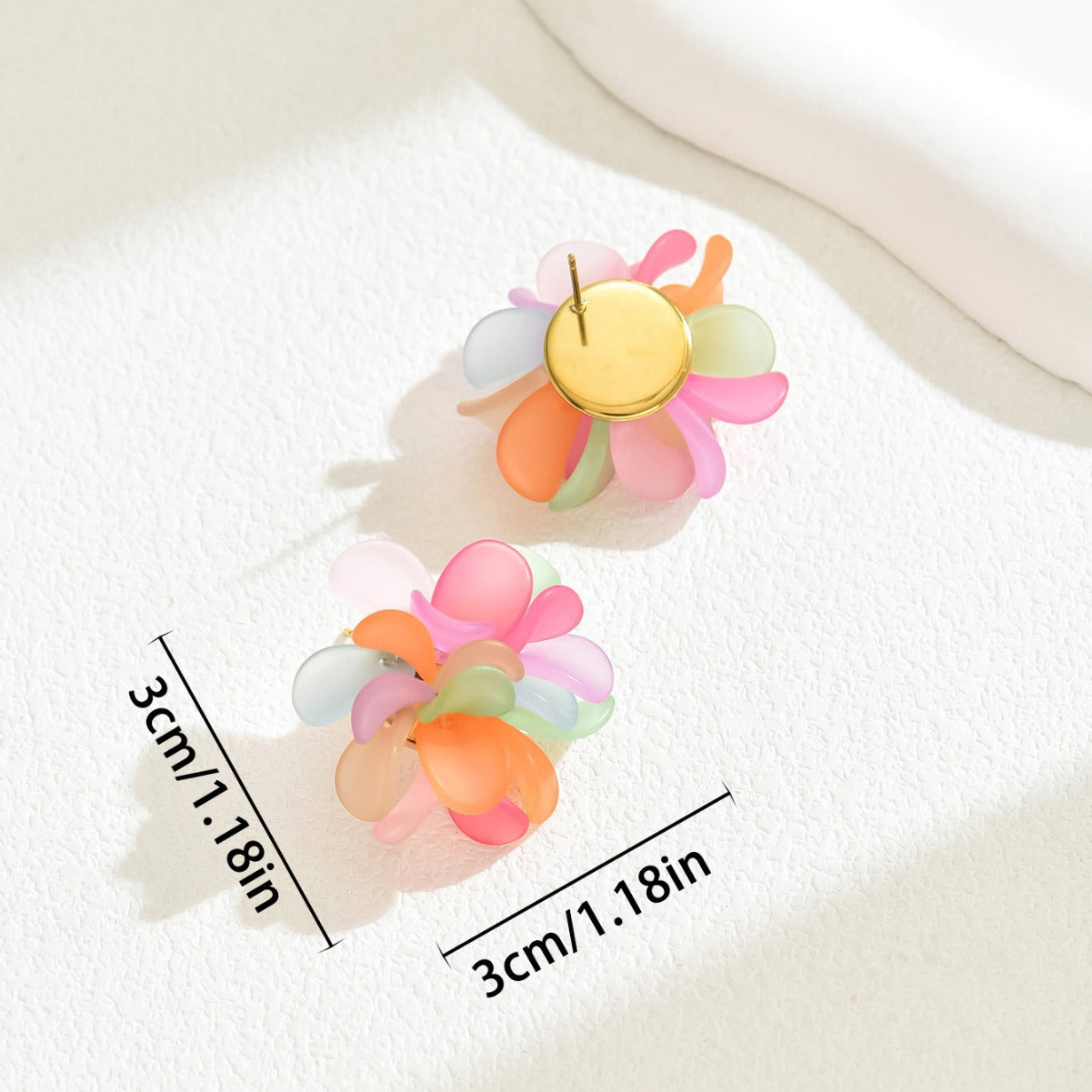 Pair of pastel flower statement earrings with translucent multicolor petals and gold disc backing 3 cm 1.18 in